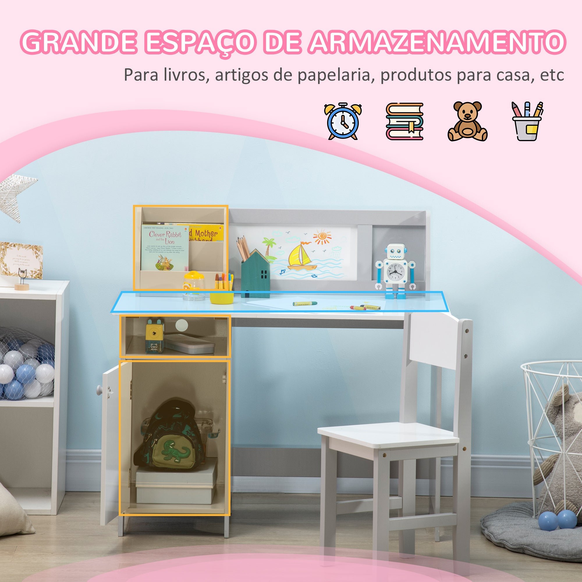 Conjunto de Mesa e Cadeira Infantil – 90x45x85 cm – Cinzento – MDF e madeira de pinho