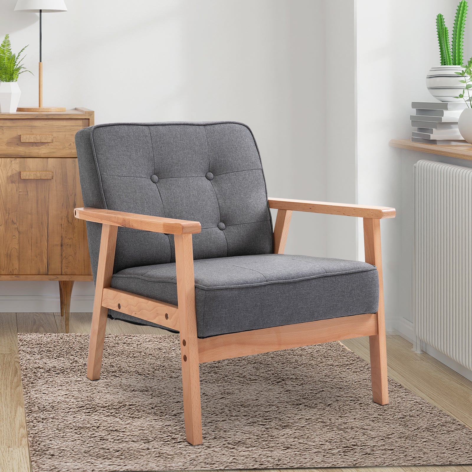 Poltrona Individual Estofada – 70x64,5x74cm – Cinza e Madeira