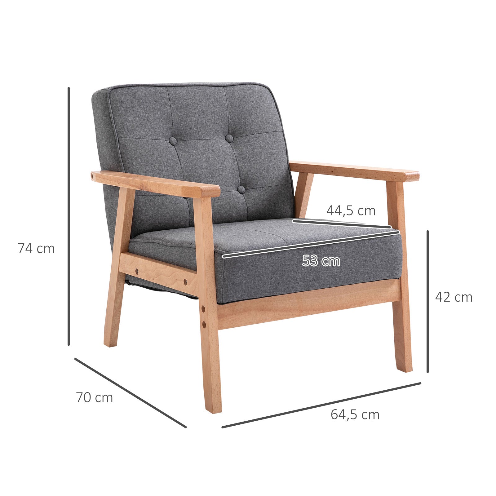 Poltrona Individual Estofada – 70x64,5x74cm – Cinza e Madeira