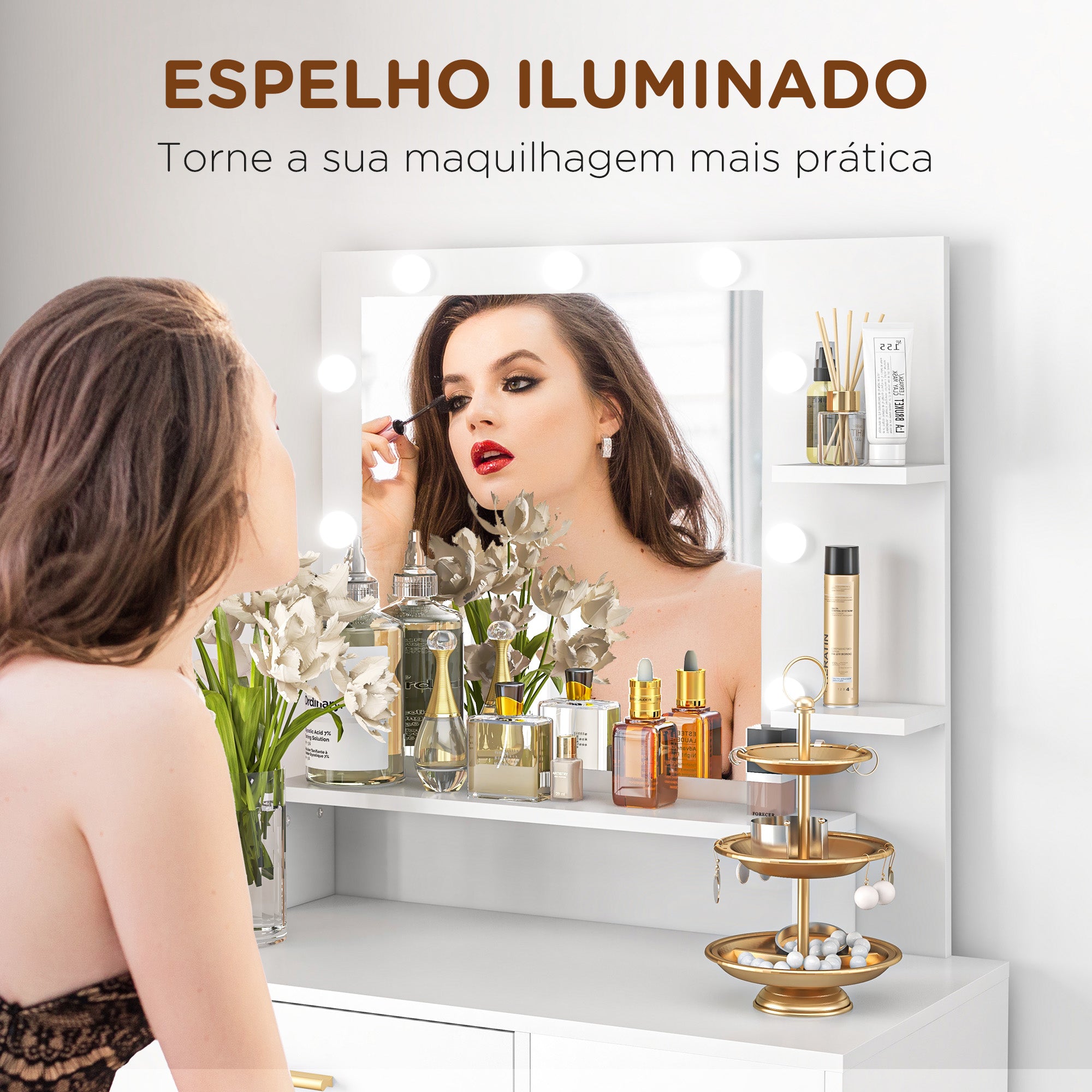 Toucador de Maquilhagem Branco 80x40x140 cm LED