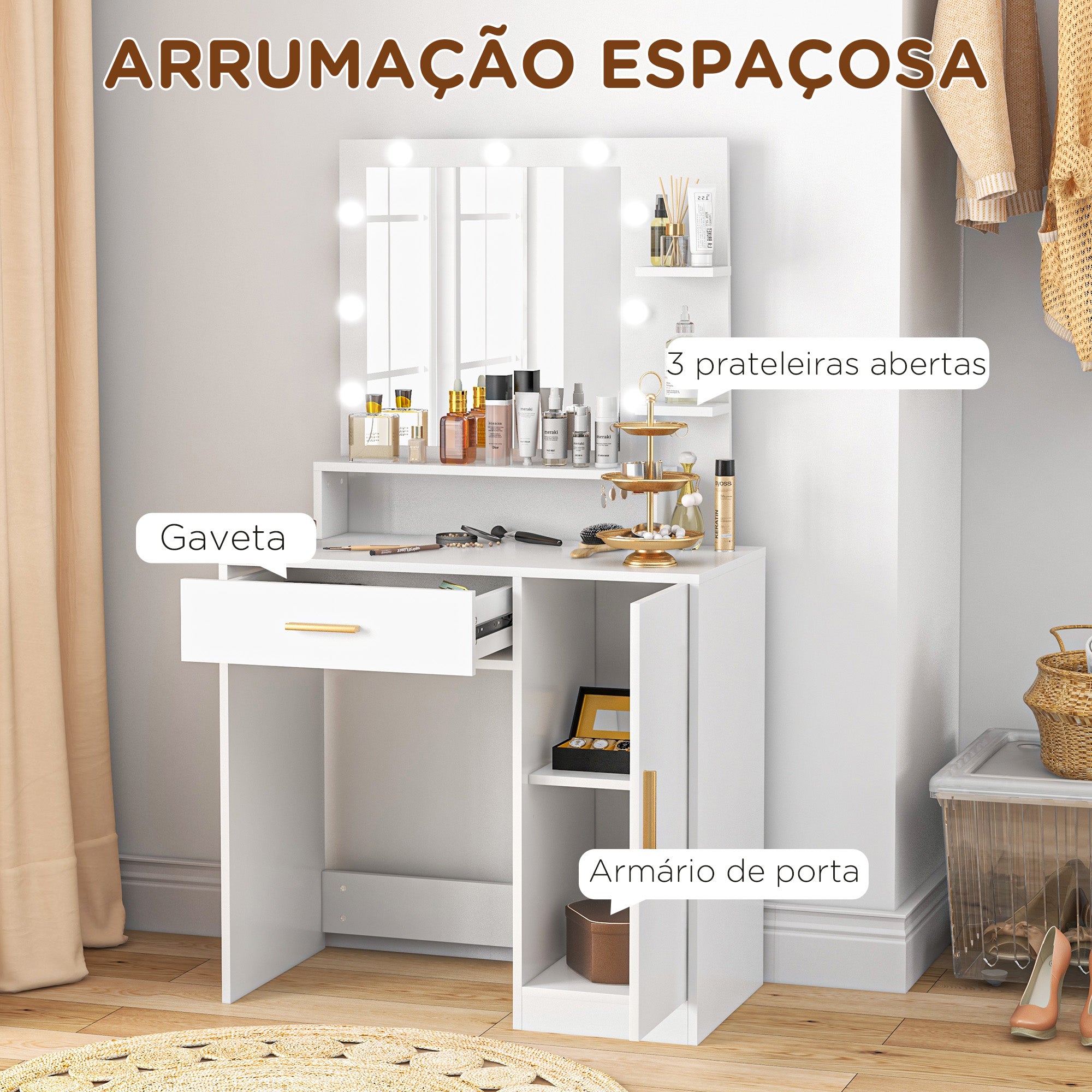 Toucador de Maquilhagem Branco 80x40x140 cm LED