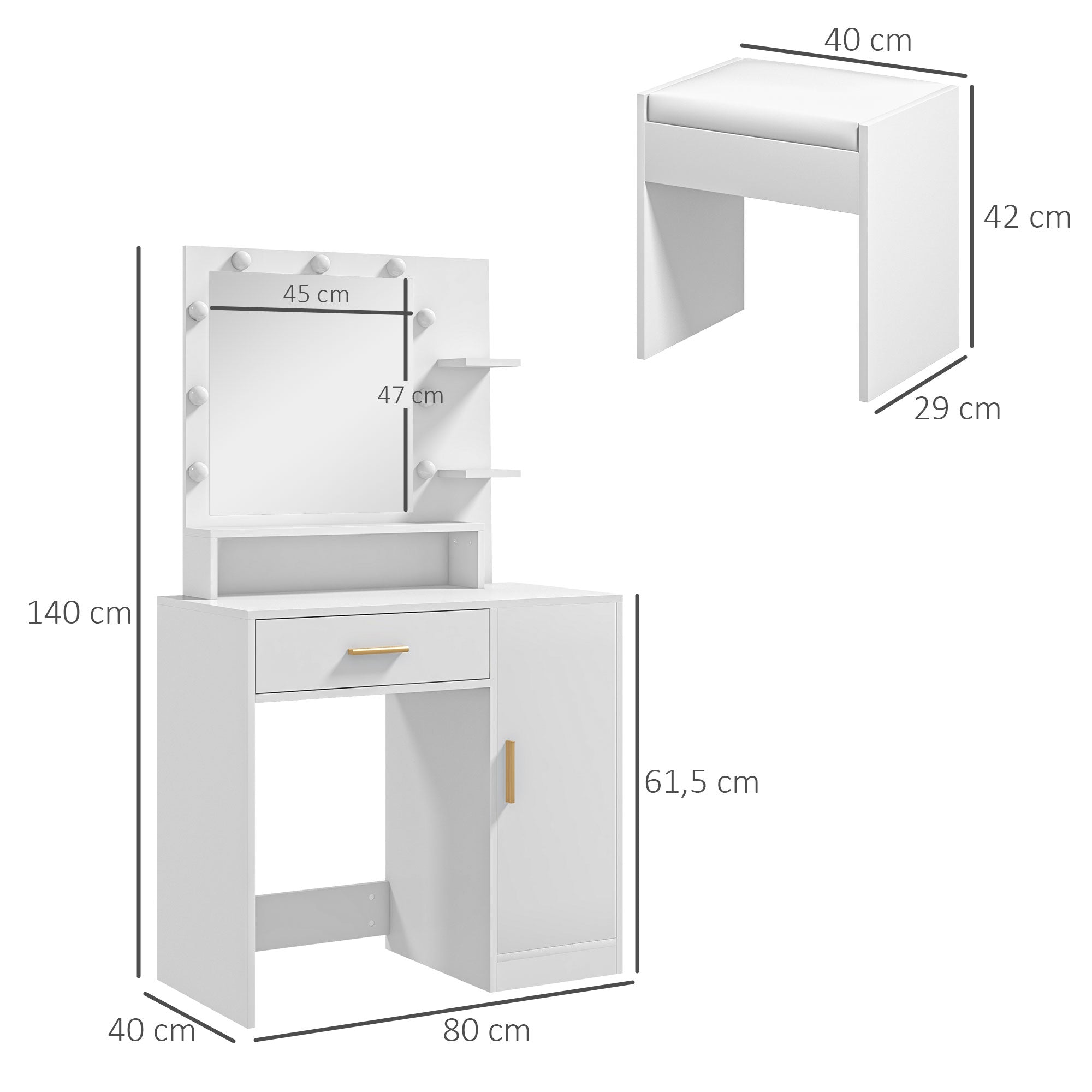 Toucador de Maquilhagem Branco 80x40x140 cm LED