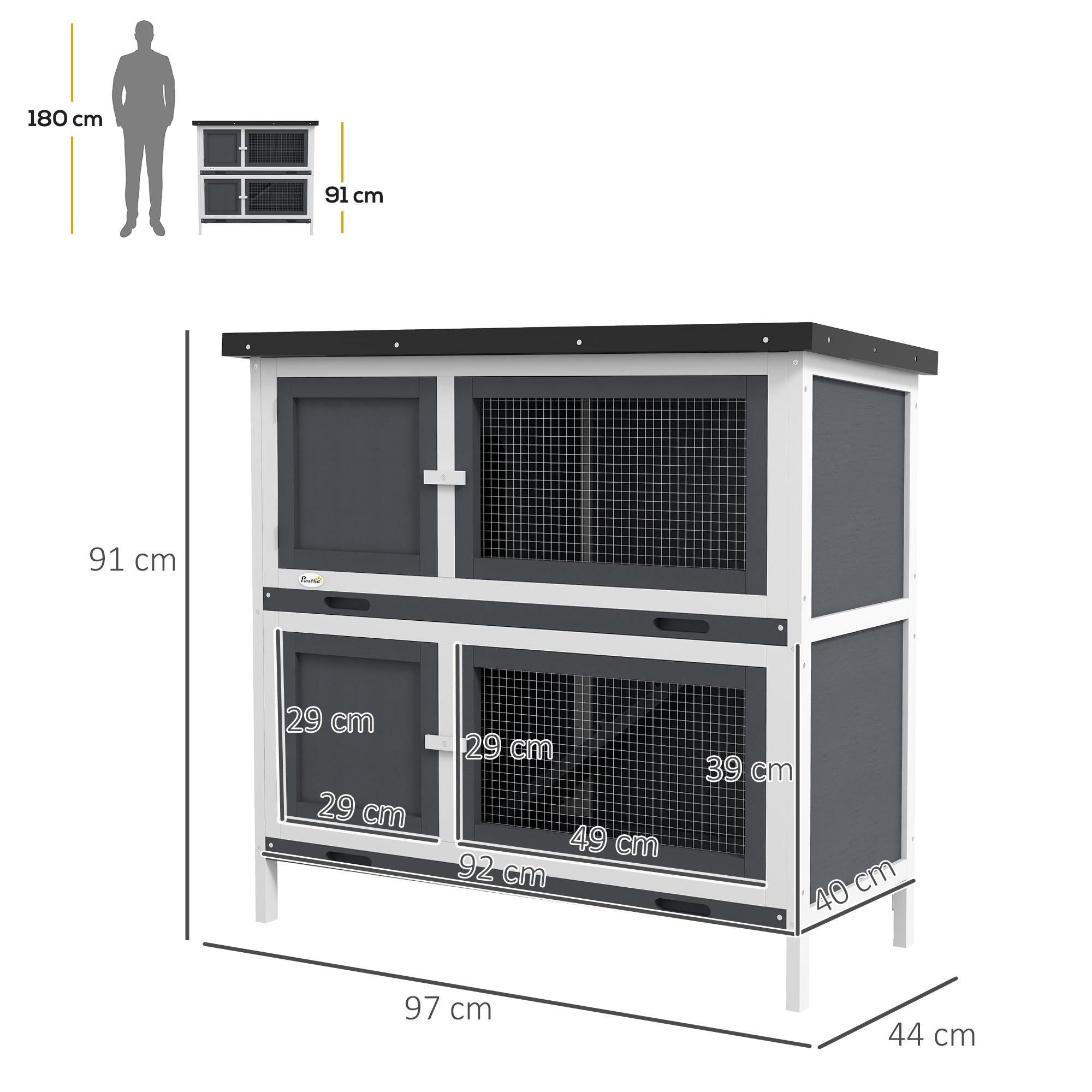 Gaiola para Coelhos de 2 Pisos – 97x44x91 cm – Cinzento – Madeira e Metal