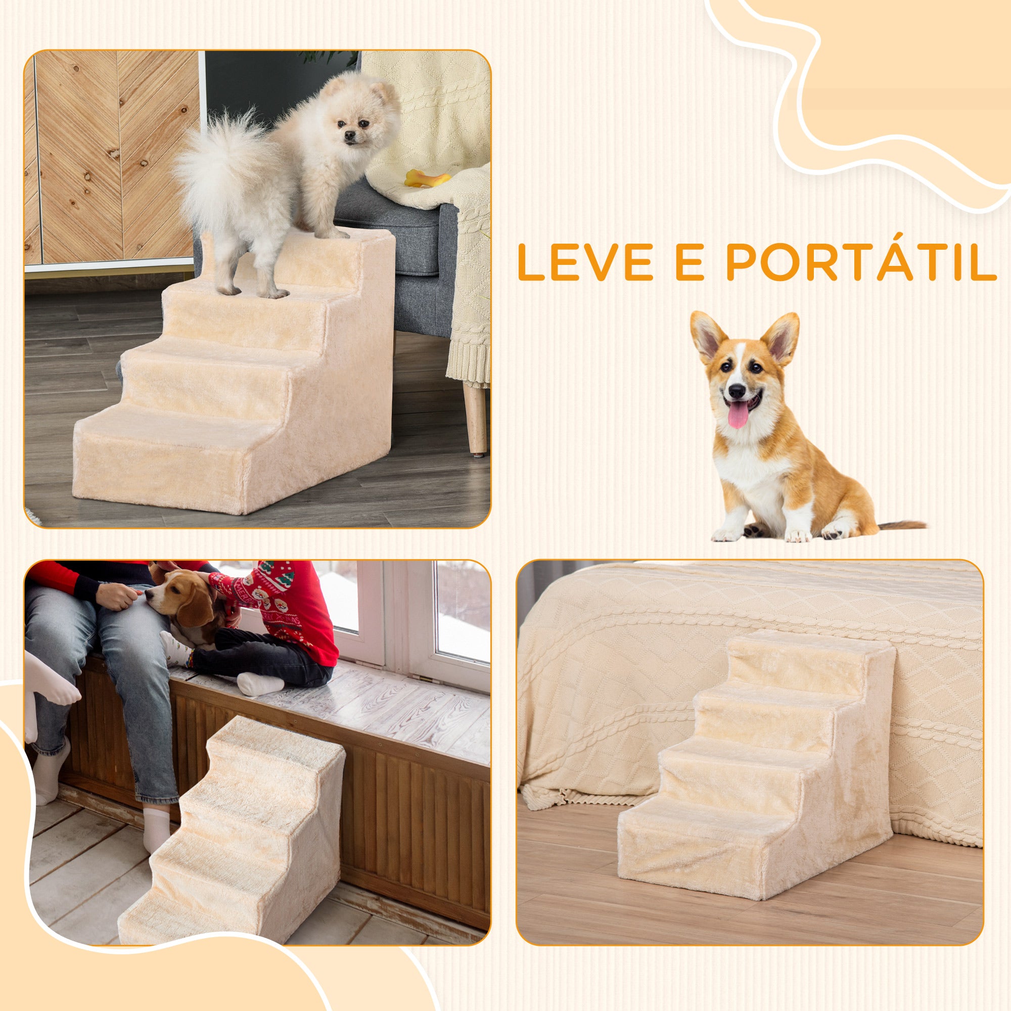 Escada para Animais de Estimação – 60x35x44 cm – Bege – Aglomerado de Madeira