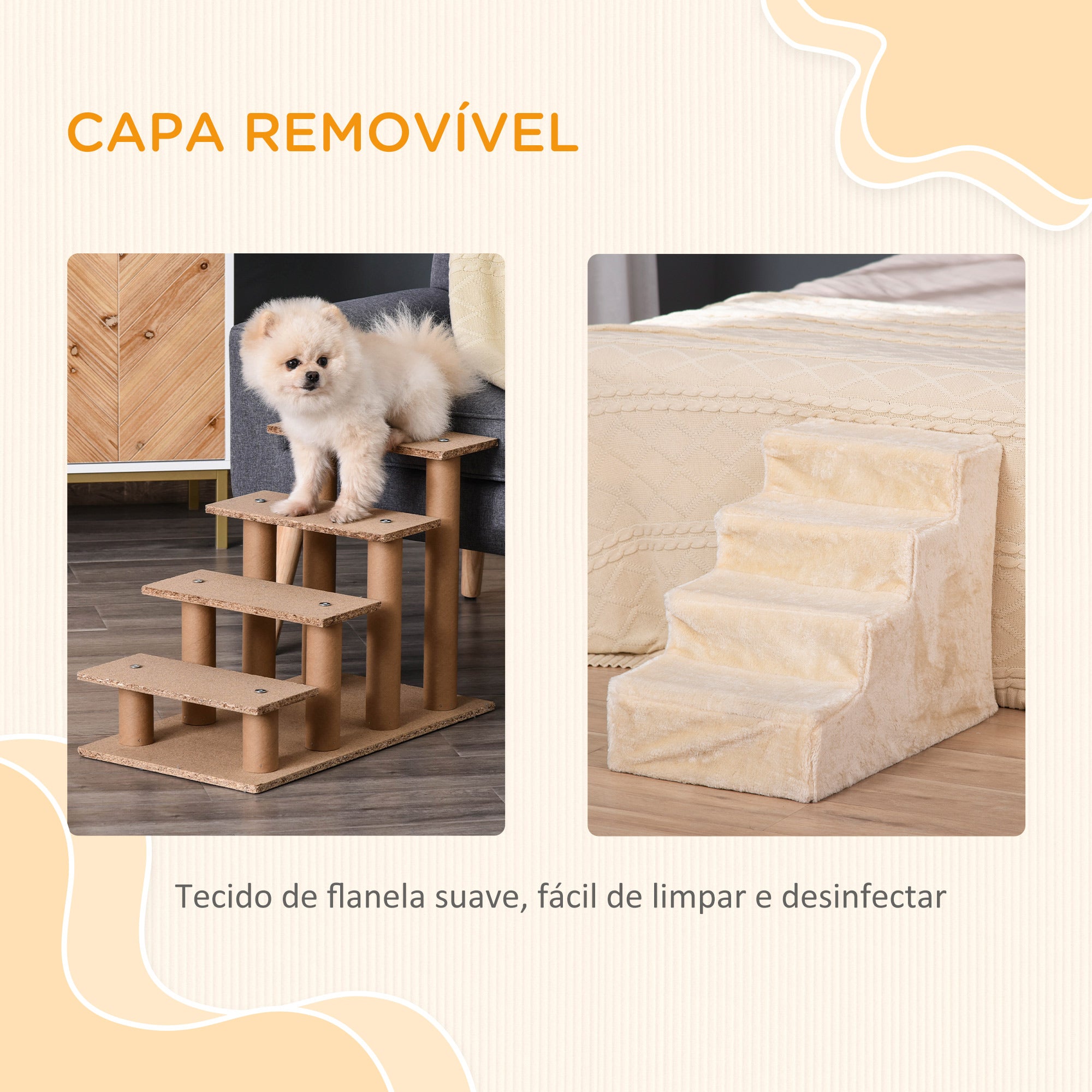 Escada para Animais de Estimação – 60x35x44 cm – Bege – Aglomerado de Madeira