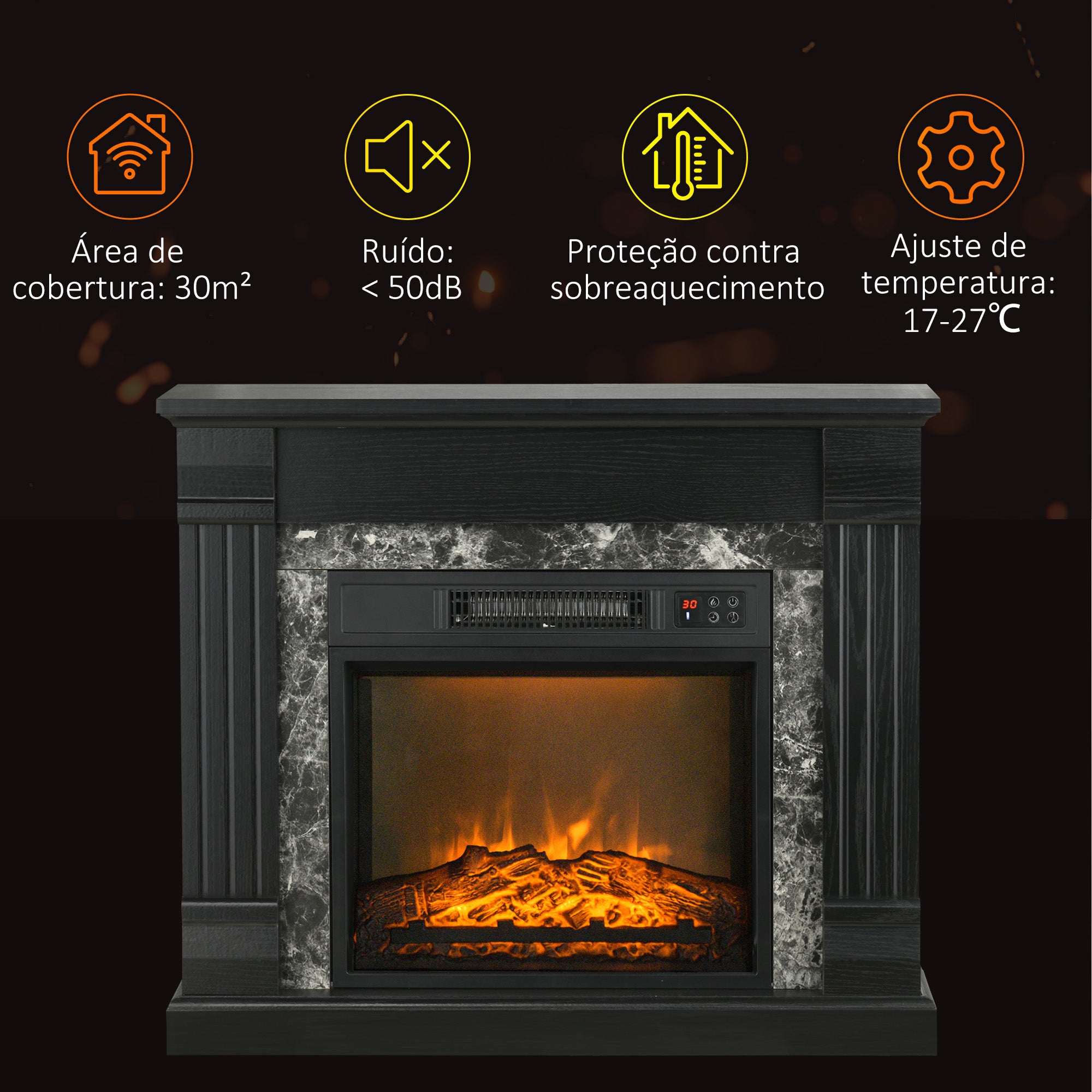 Lareira Elétrica – 80x21,6x67,8 cm – Preto – Metal, ABS e Aglomerado