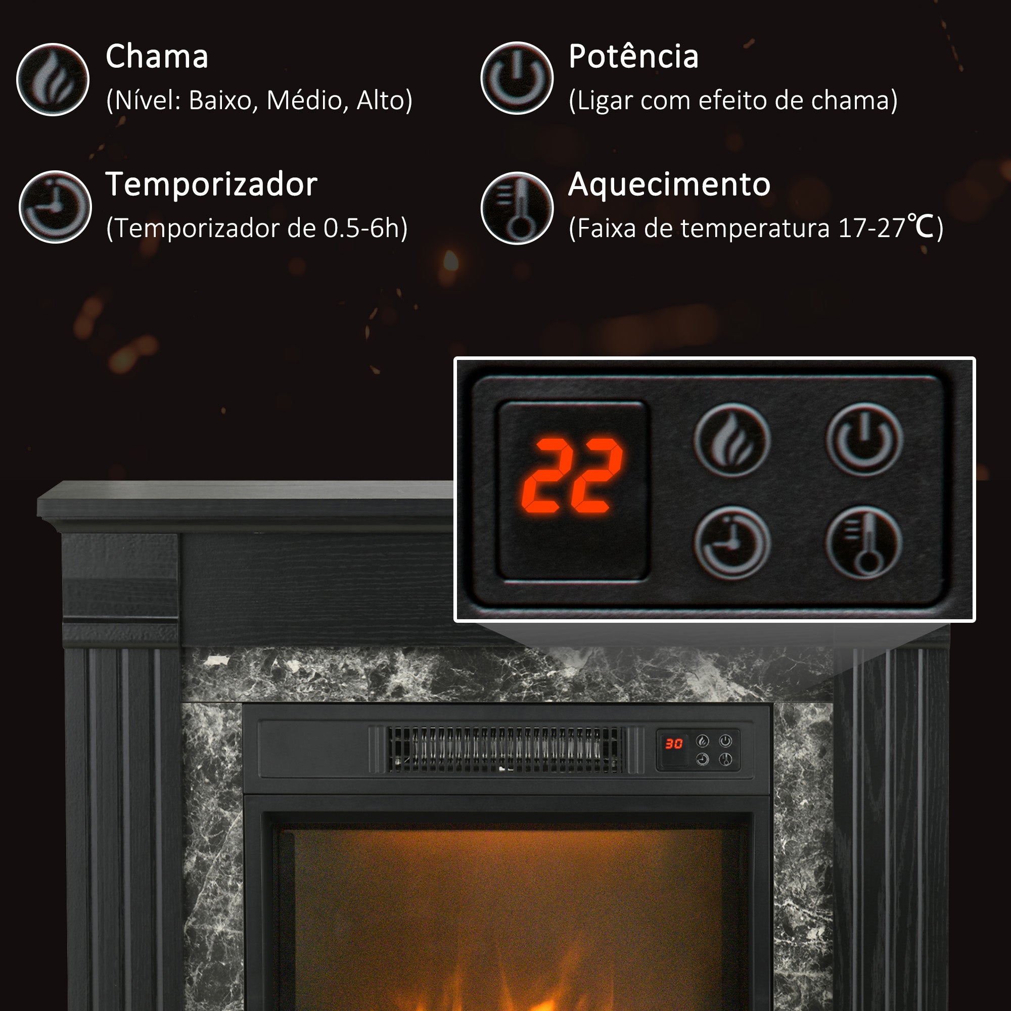 Lareira Elétrica – 80x21,6x67,8 cm – Preto – Metal, ABS e Aglomerado
