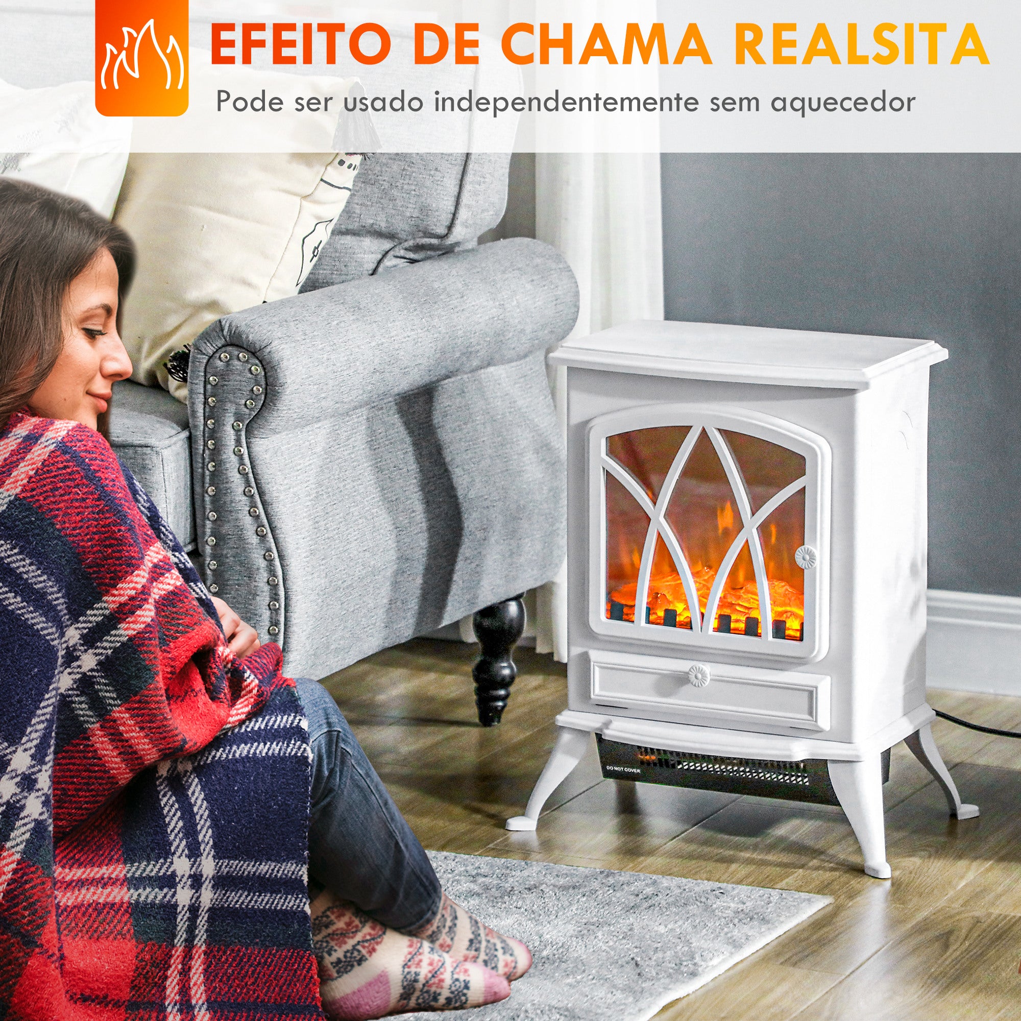 Lareira Elétrica Efeito de Chama Realista 45x28,5x54 cm Branco