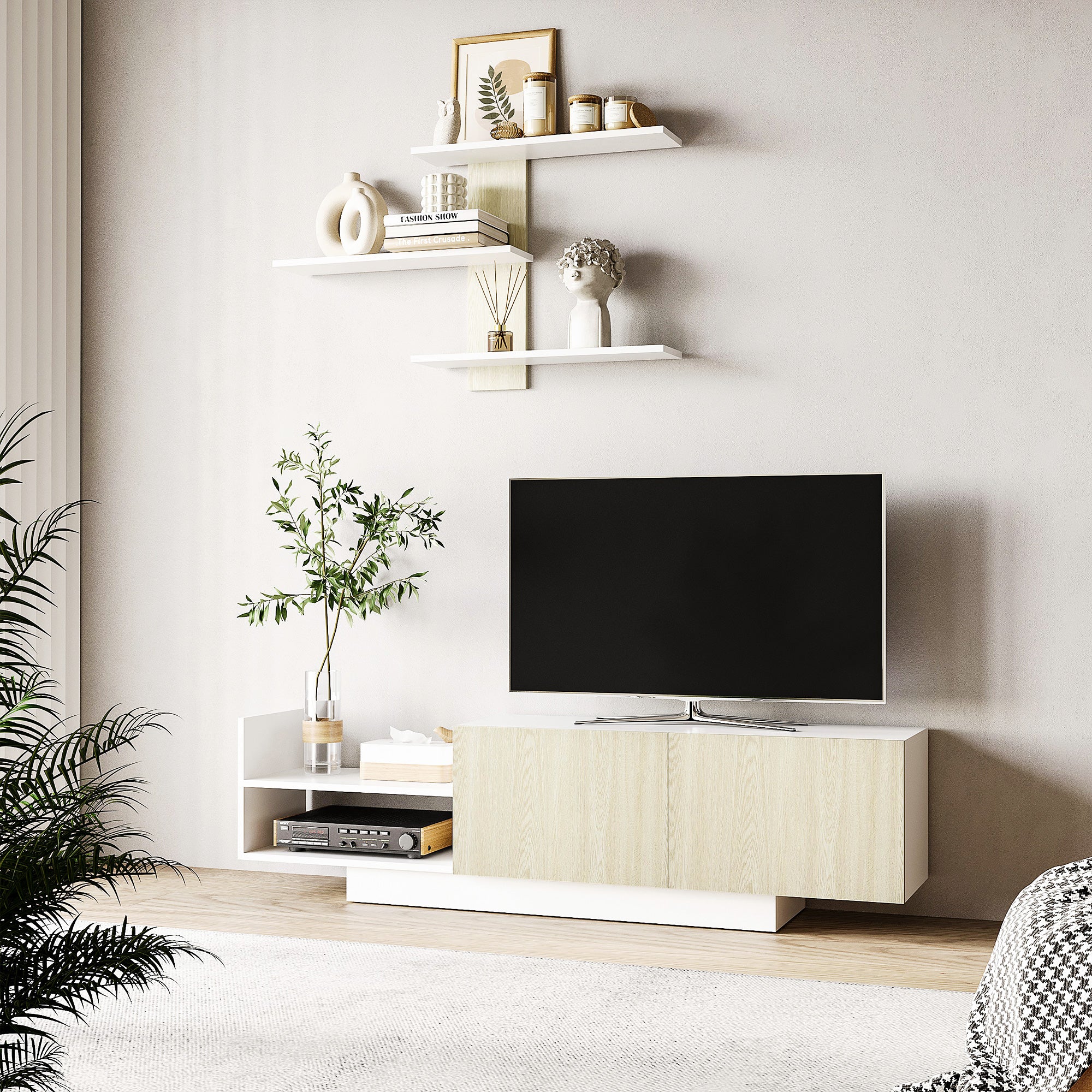 Móvel de TV Moderno 150x31.5x40cm - Branco e Madeira