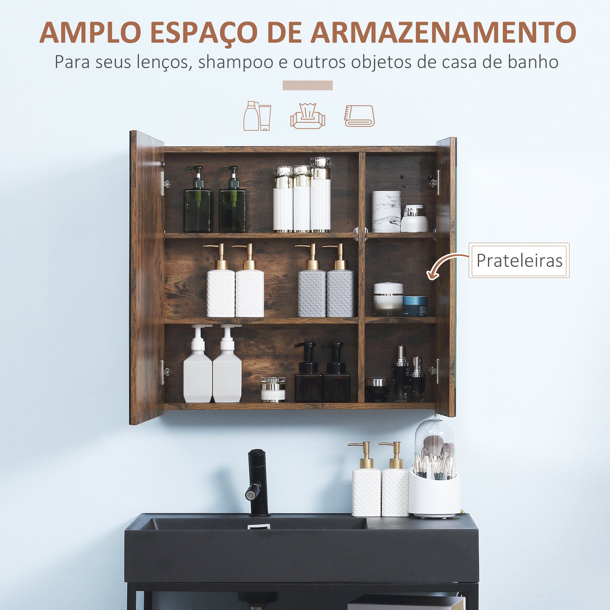 Armário de Casa de Banho com Espelho LED 70x15x65 cm - Castanho Rústico