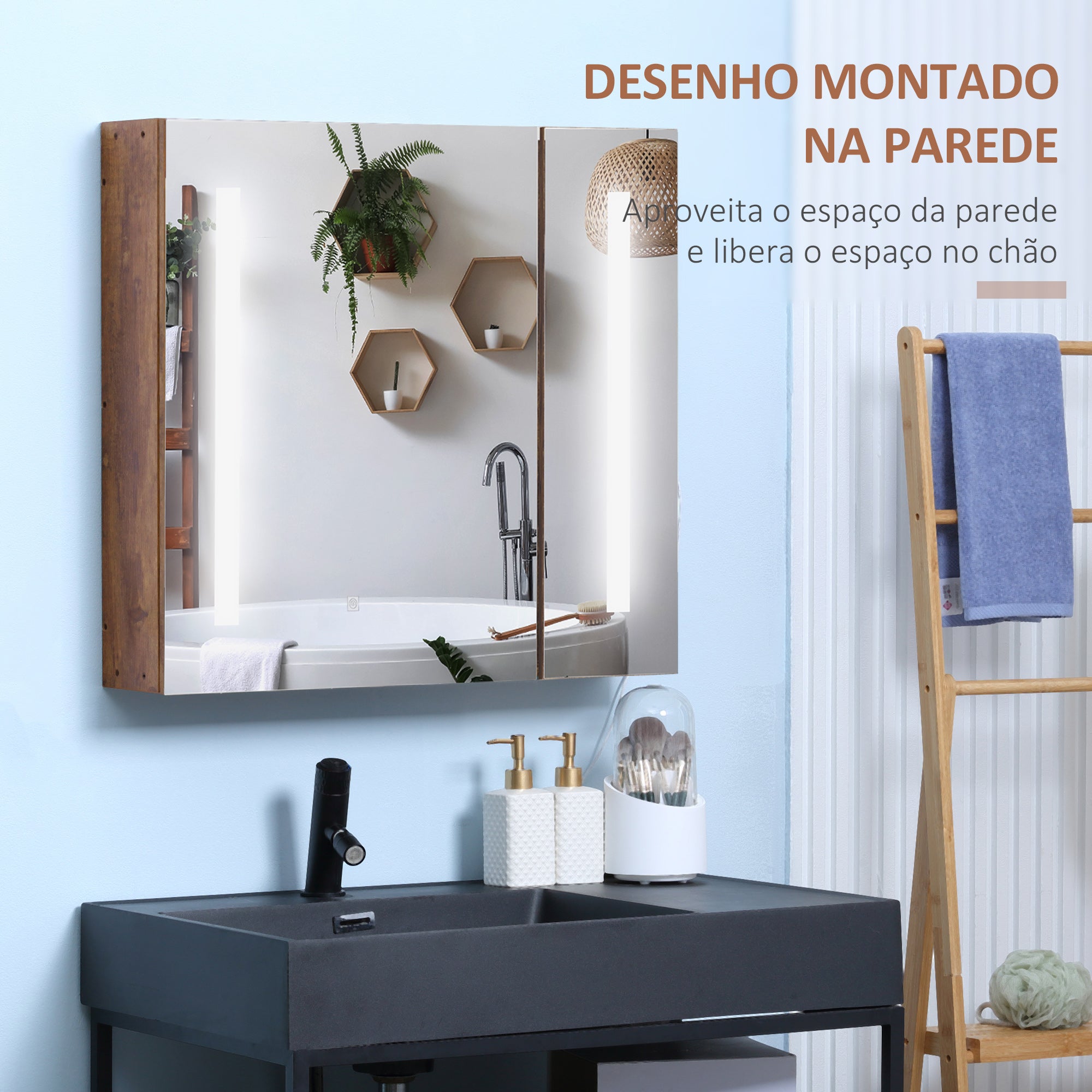 Armário de Casa de Banho com Espelho LED 70x15x65 cm - Castanho Rústico