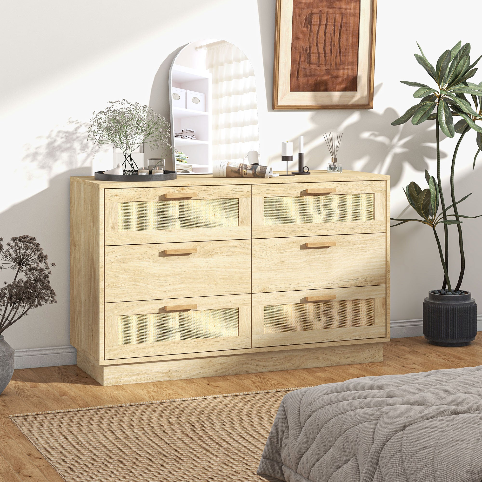 Cómoda de Madeira com 6 Gavetas de Vime Estilo Boêmio - 110x40x69 cm - Cor de Carvalho