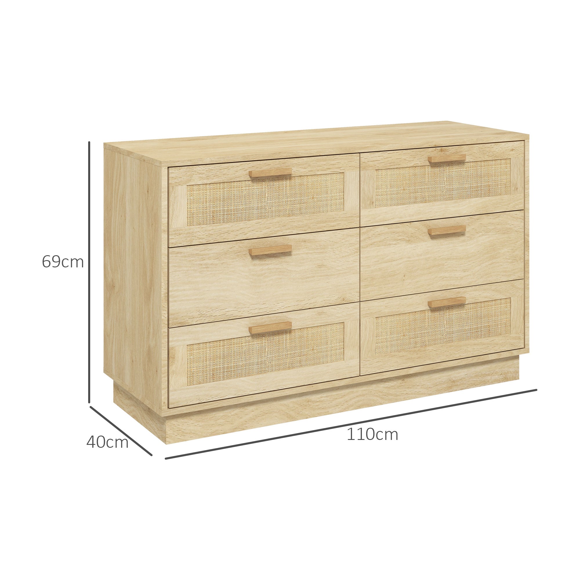 Cómoda de Madeira com 6 Gavetas de Vime Estilo Boêmio - 110x40x69 cm - Cor de Carvalho