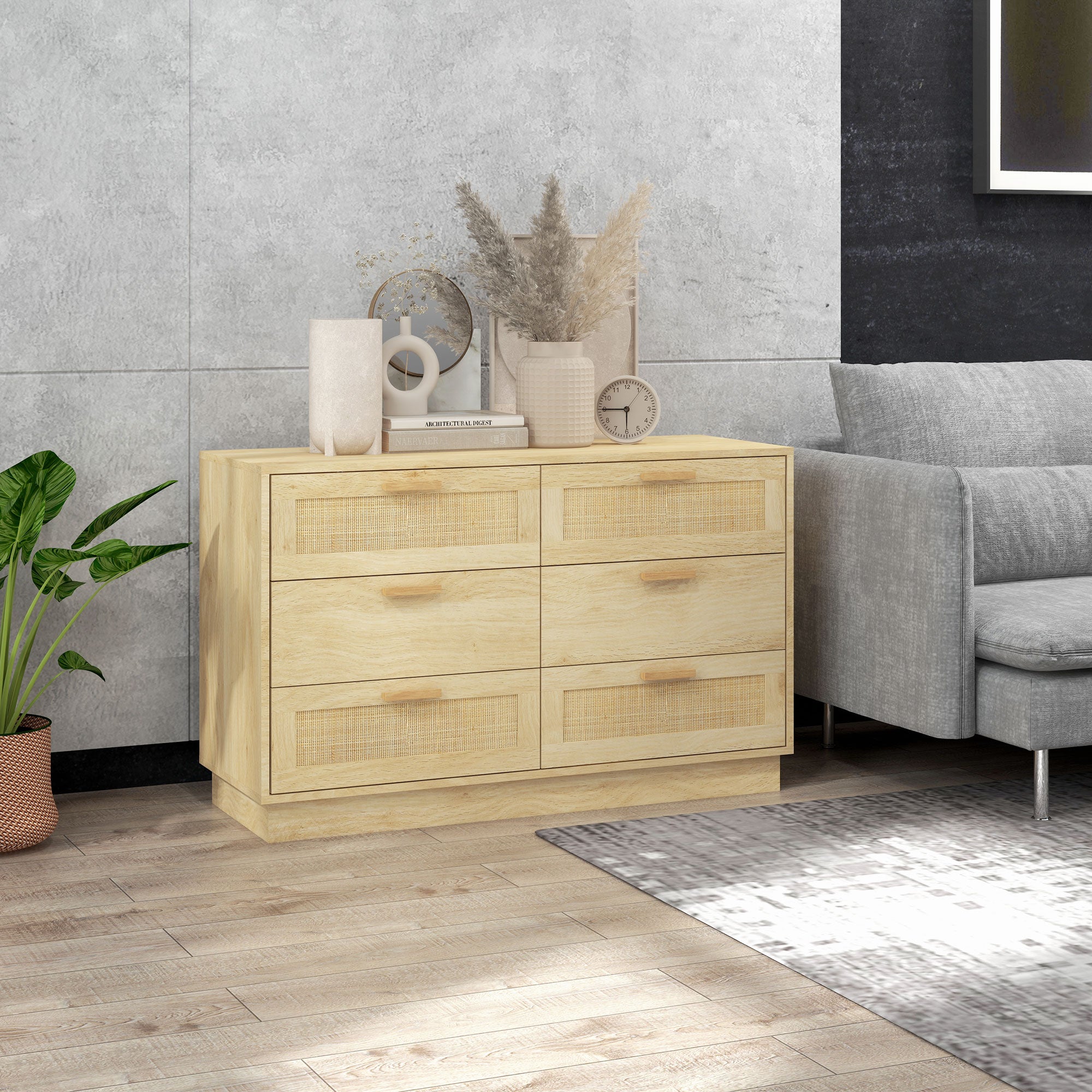 Cómoda de Madeira com 6 Gavetas de Vime Estilo Boêmio - 110x40x69 cm - Cor de Carvalho