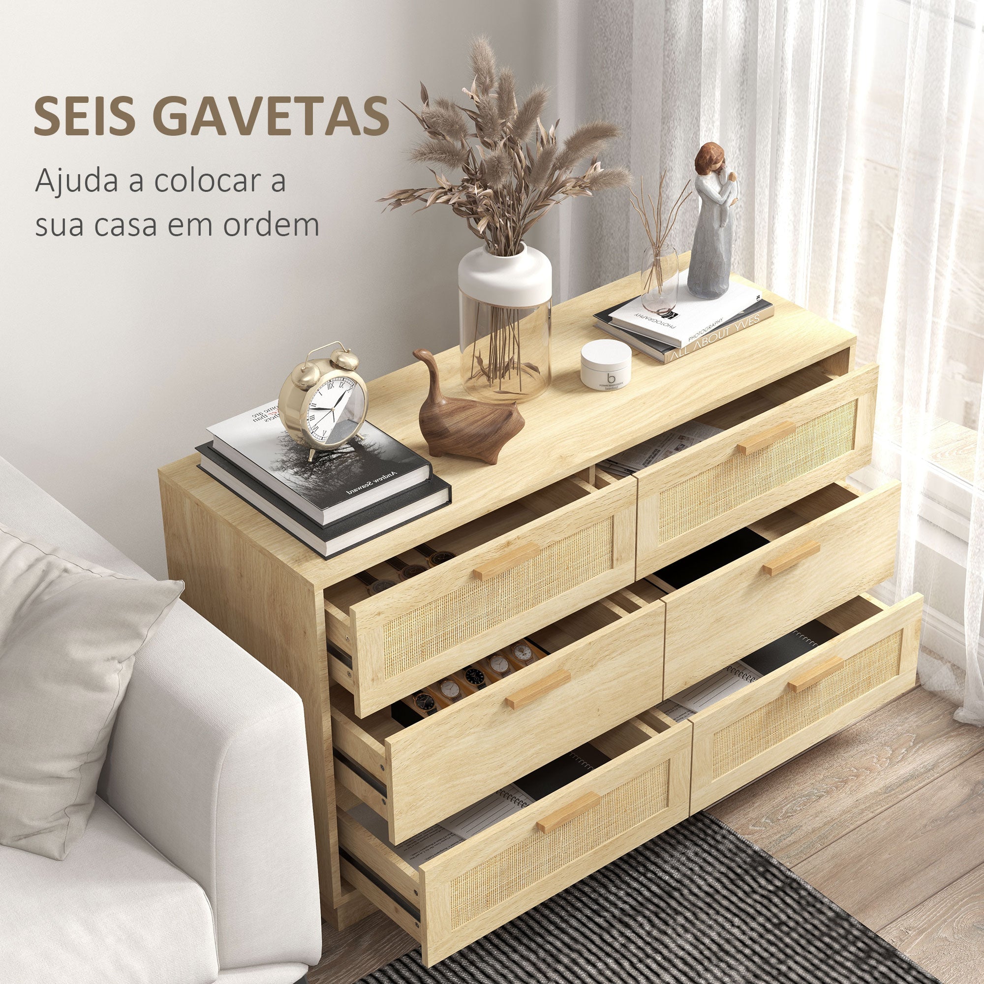 Cómoda de Madeira com 6 Gavetas de Vime Estilo Boêmio - 110x40x69 cm - Cor de Carvalho