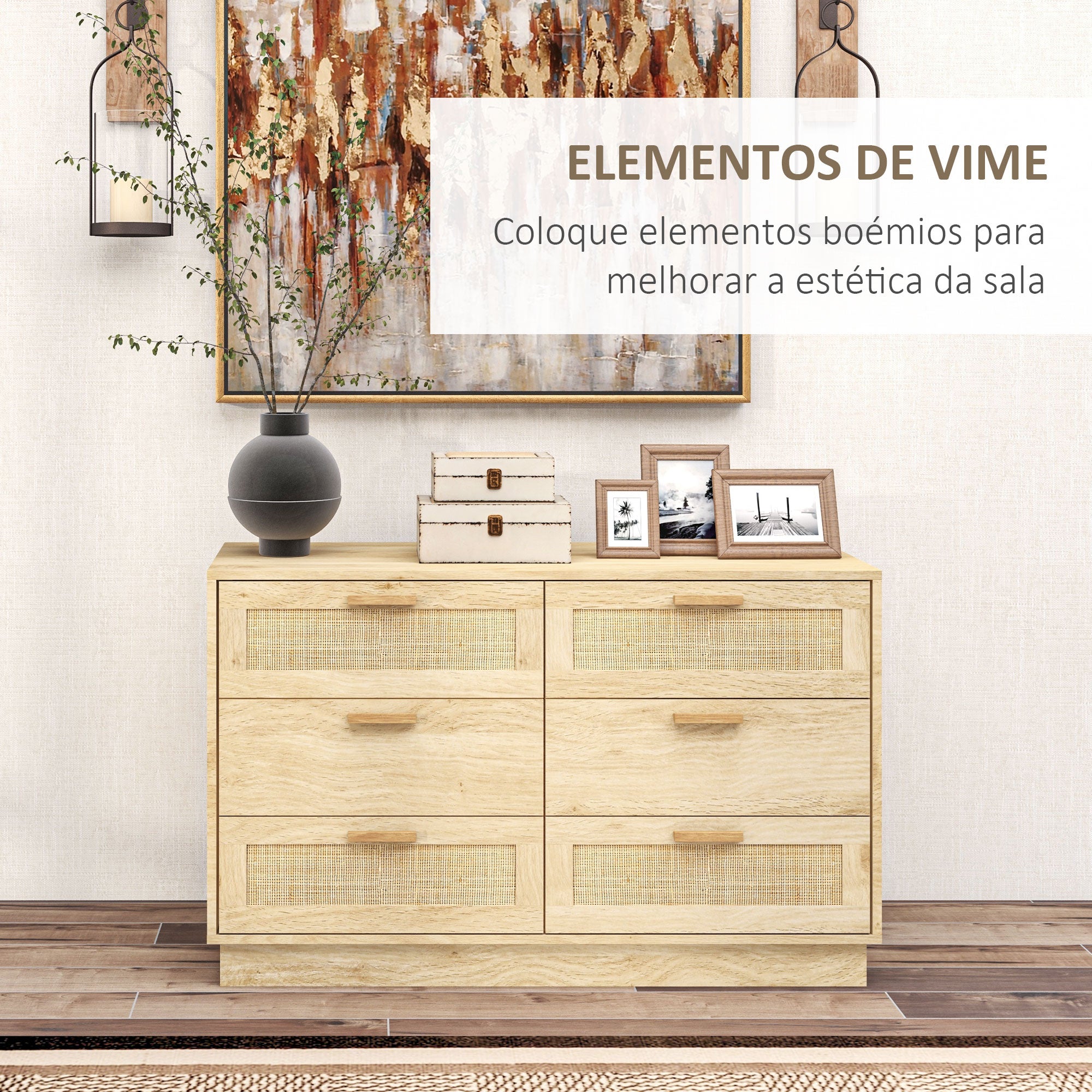 Cómoda de Madeira com 6 Gavetas de Vime Estilo Boêmio - 110x40x69 cm - Cor de Carvalho
