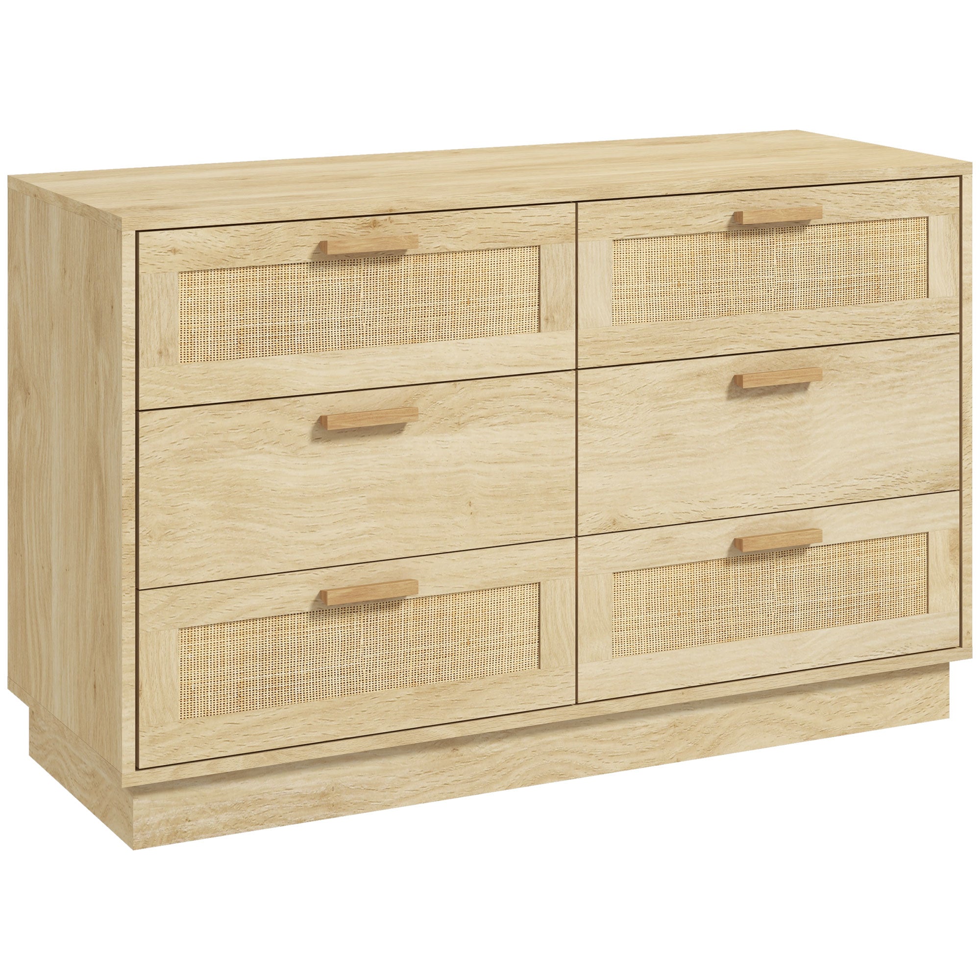 Cómoda de Madeira com 6 Gavetas de Vime Estilo Boêmio - 110x40x69 cm - Cor de Carvalho