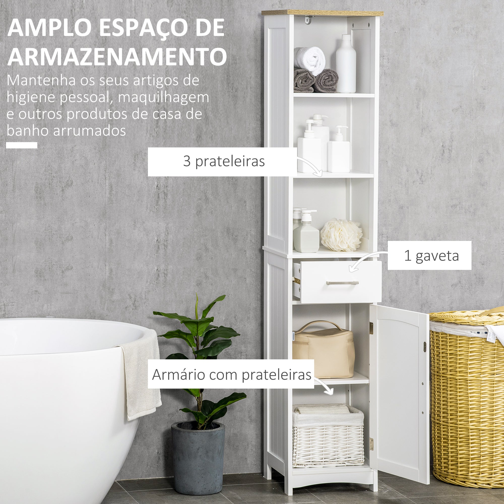 Coluna de Casa de Banho com 1 Gaveta 1 Porta 3 Prateleiras 34x30x163cm Branco