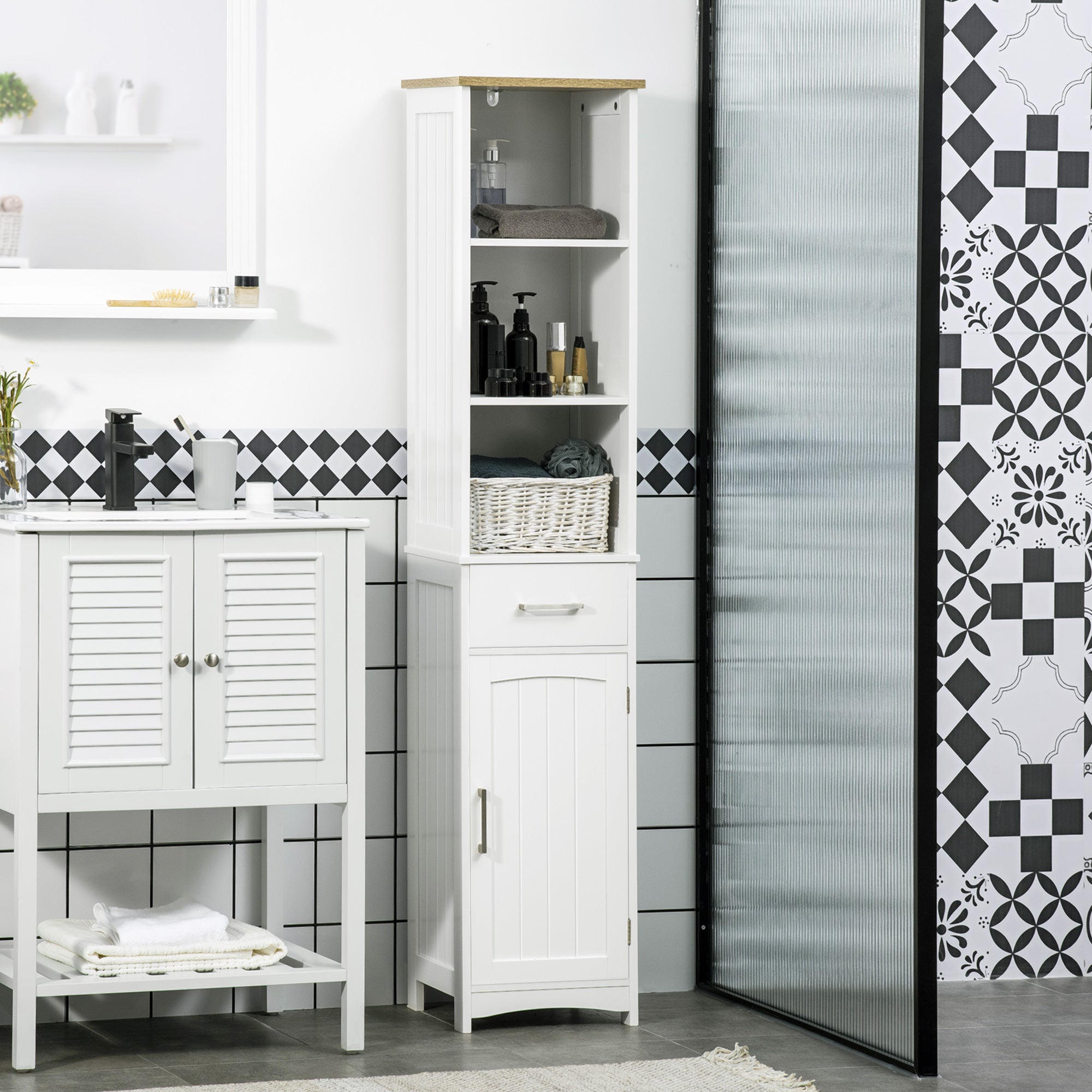 Coluna de Casa de Banho com 1 Gaveta 1 Porta 3 Prateleiras 34x30x163cm Branco