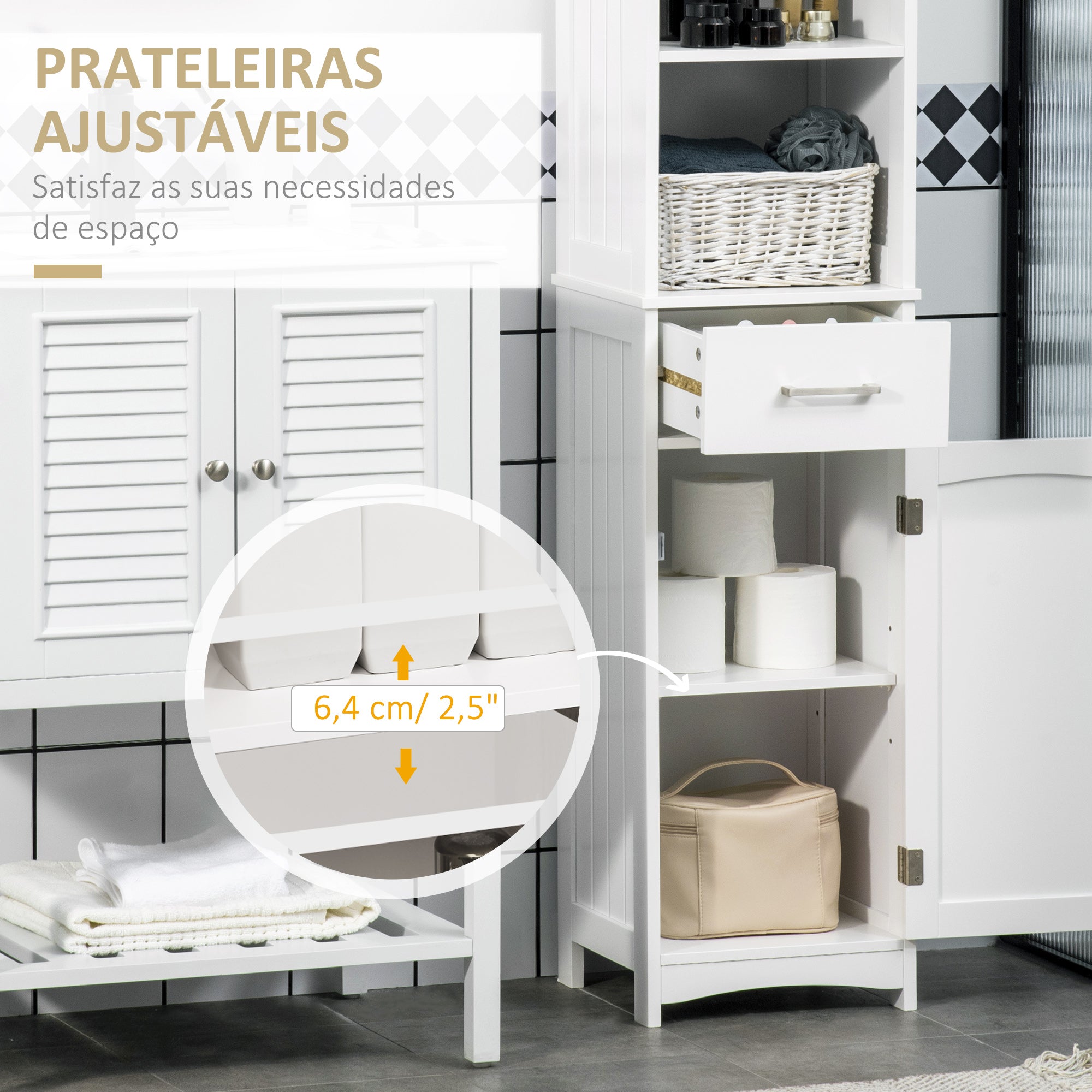 Coluna de Casa de Banho com 1 Gaveta 1 Porta 3 Prateleiras 34x30x163cm Branco