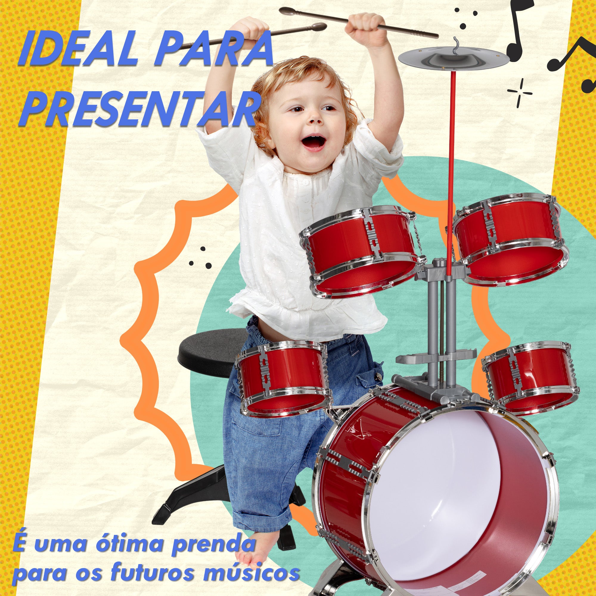 Bateria Infantil com Banco Vermelho 68,5x37x84 cm para Crianças Acima de 3 Anos