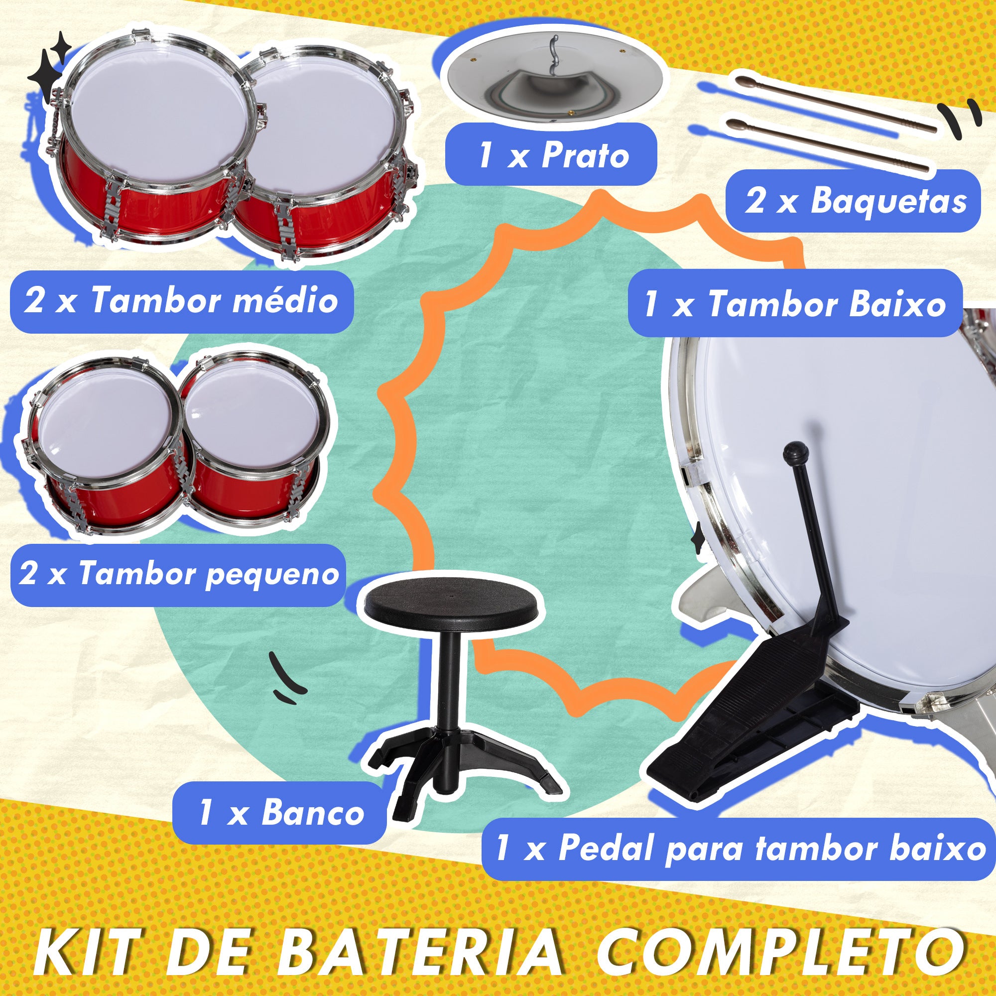 Bateria Infantil com Banco Vermelho 68,5x37x84 cm para Crianças Acima de 3 Anos