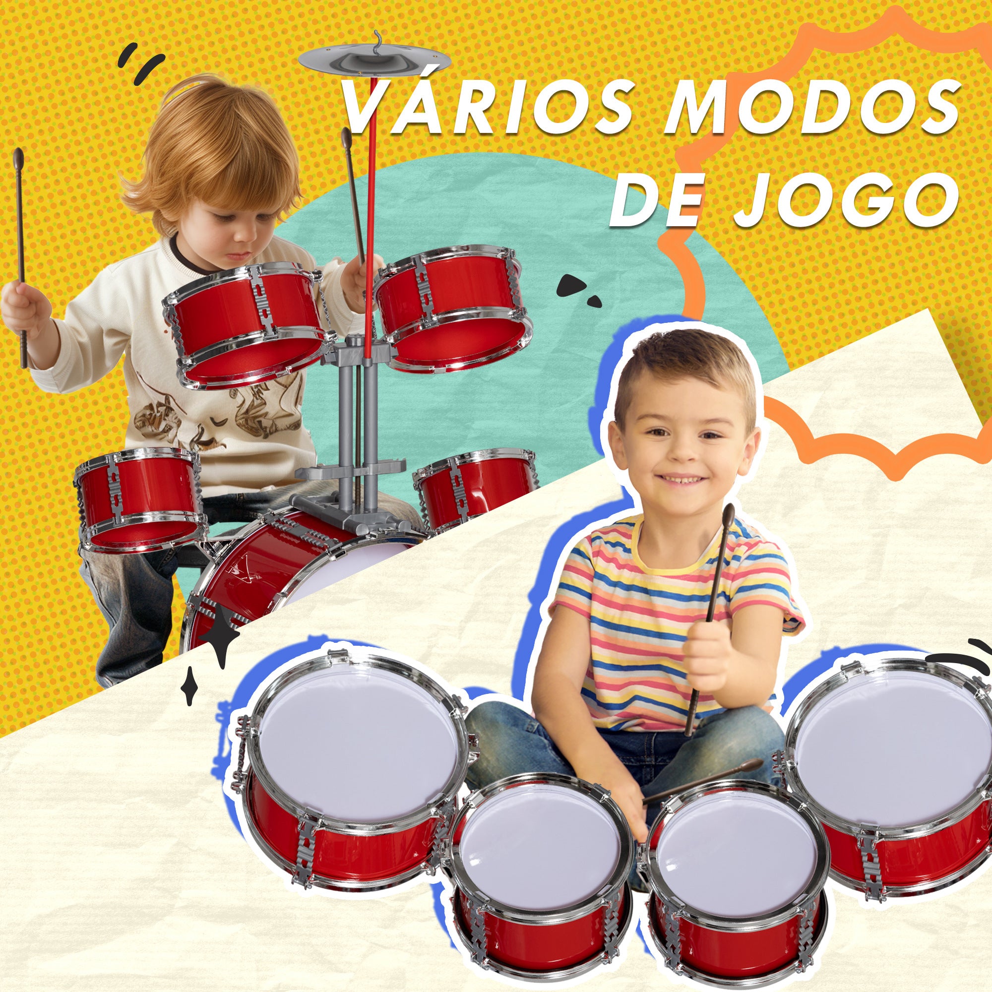 Bateria Infantil com Banco Vermelho 68,5x37x84 cm para Crianças Acima de 3 Anos