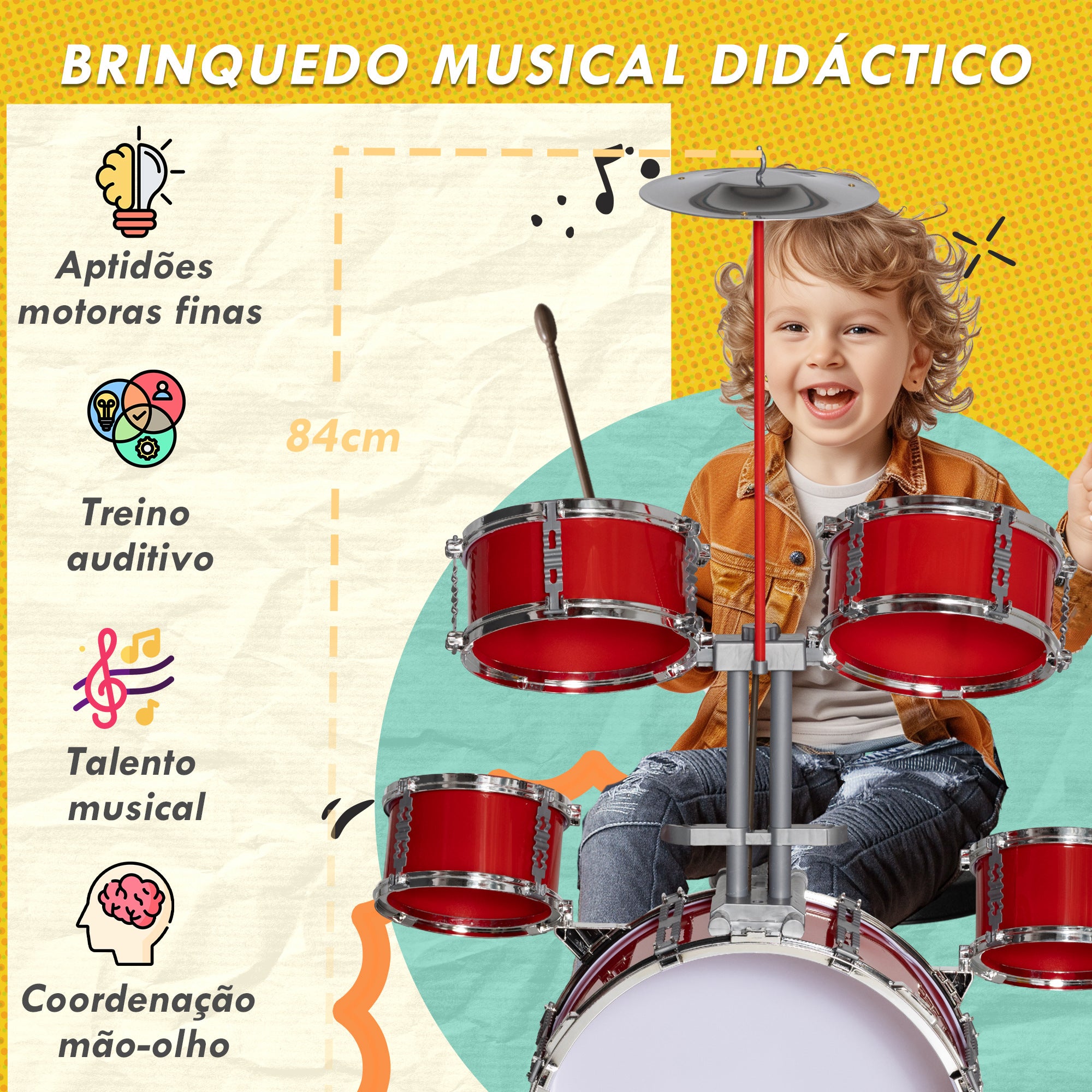 Bateria Infantil com Banco Vermelho 68,5x37x84 cm para Crianças Acima de 3 Anos
