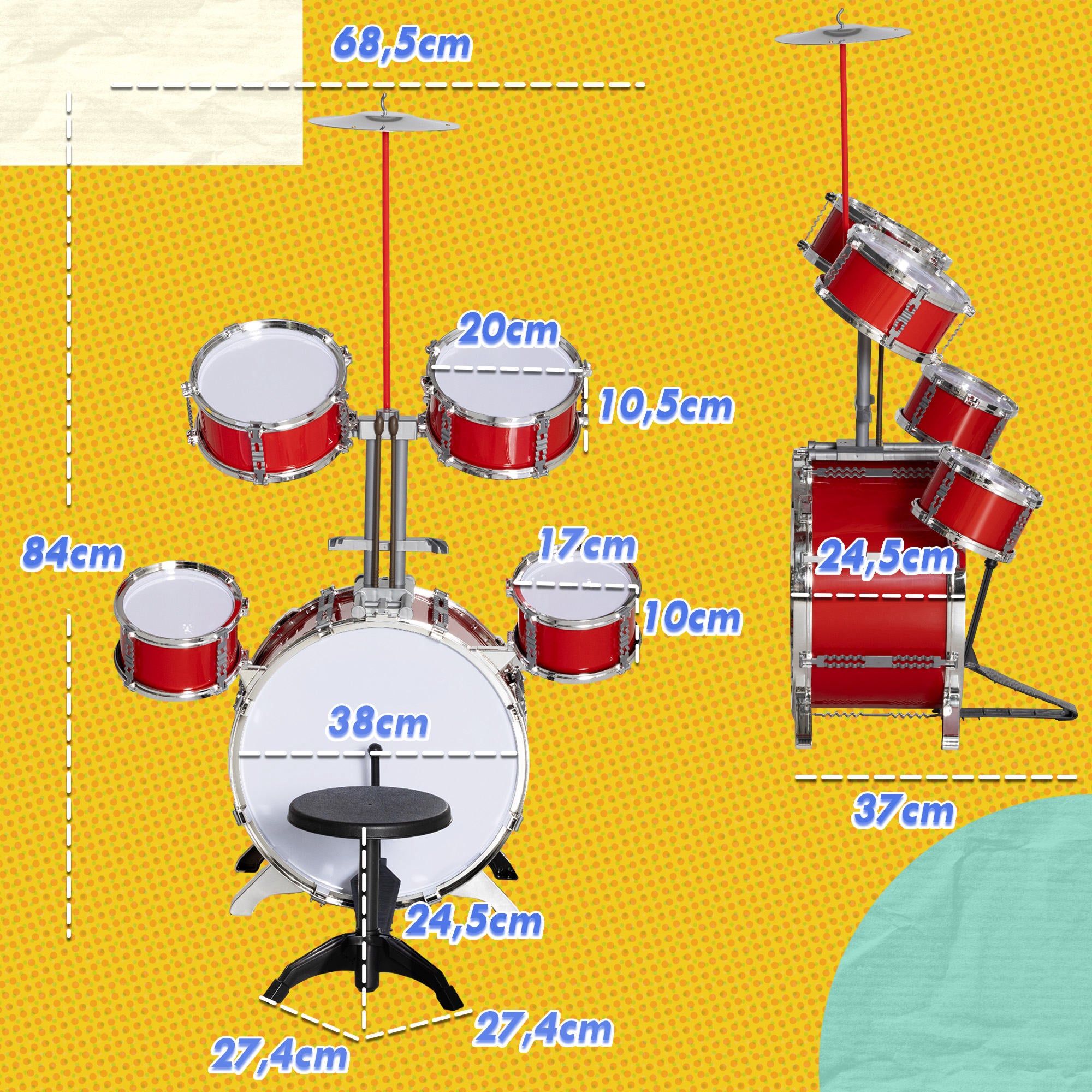 Bateria Infantil com Banco Vermelho 68,5x37x84 cm para Crianças Acima de 3 Anos
