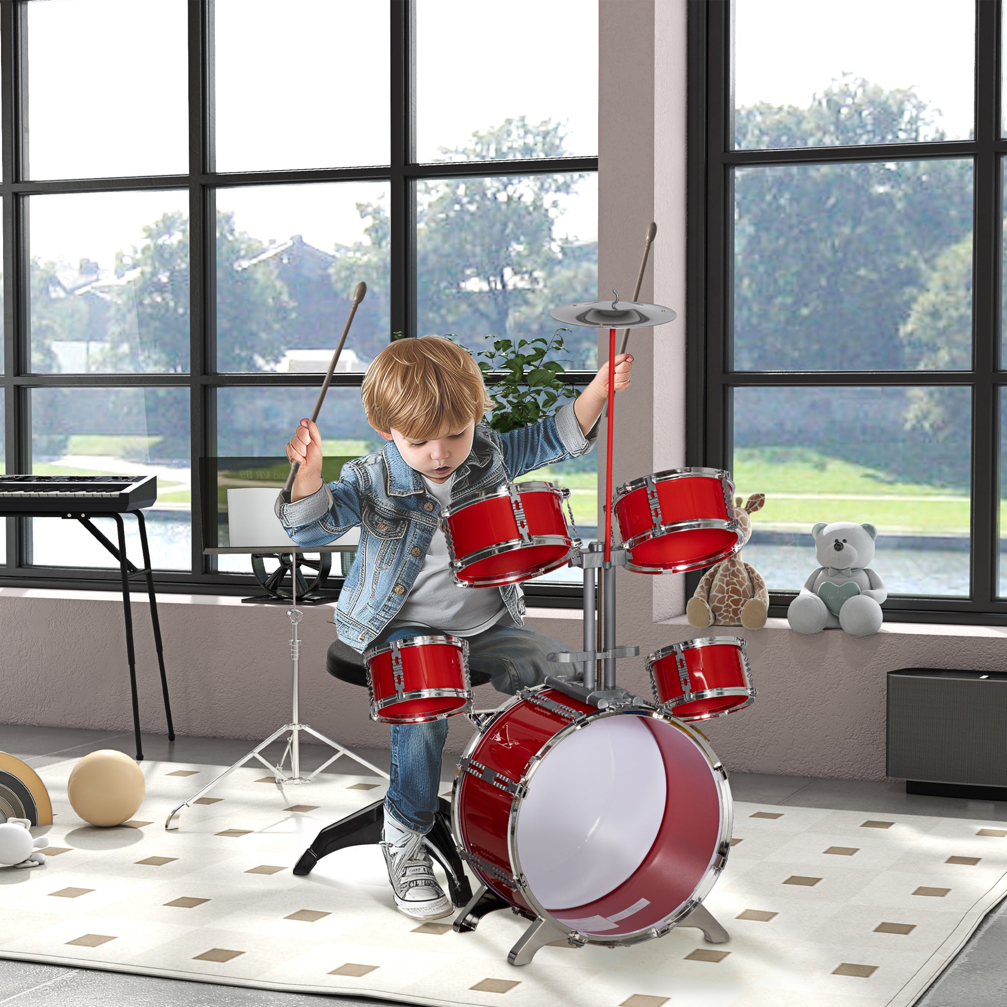 Bateria Infantil com Banco Vermelho 68,5x37x84 cm para Crianças Acima de 3 Anos