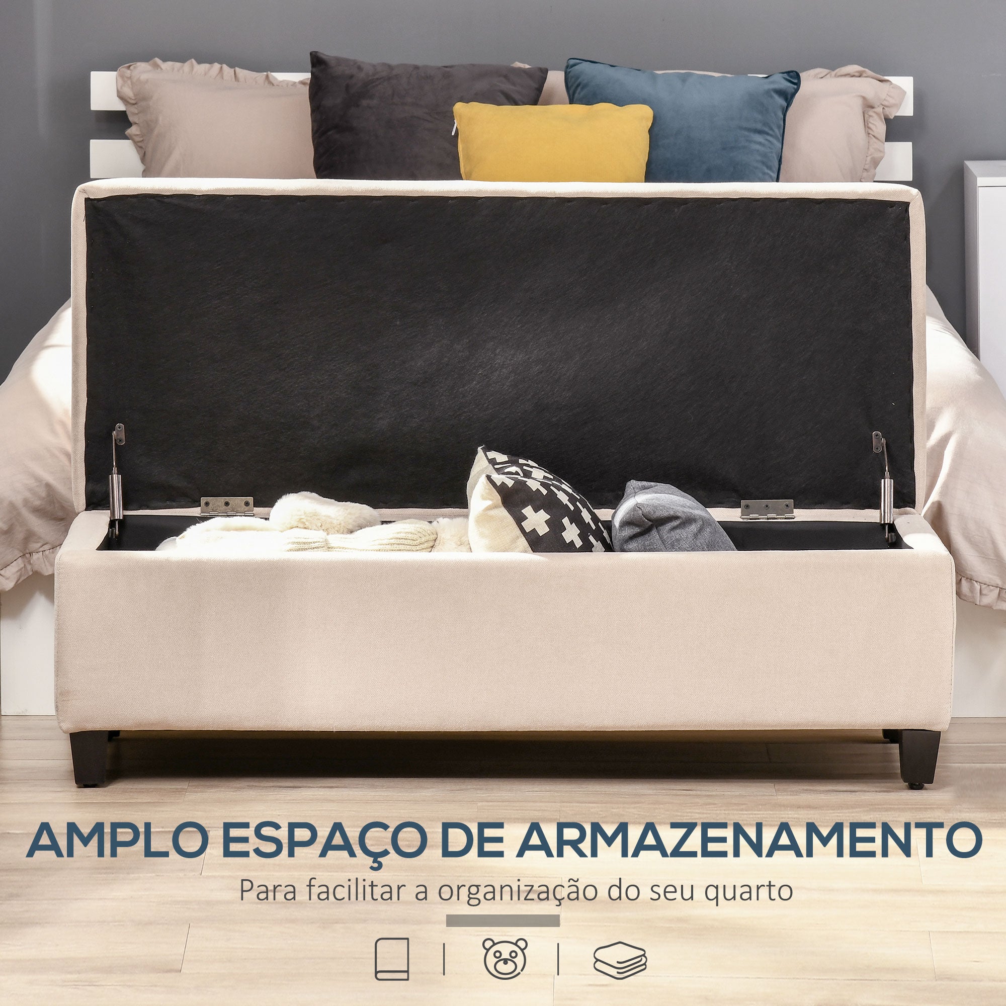 Banco de Armazenamento Acolchoado – 125x49x41,5 cm – Bege – Tecido de poliéster e madeira de eucalipto