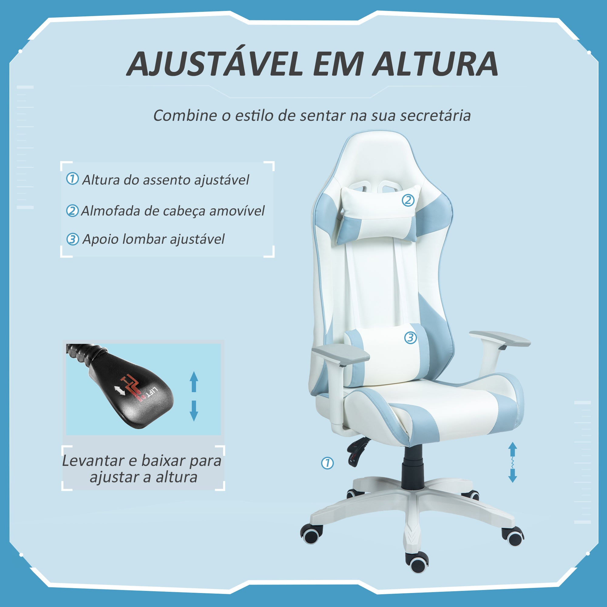 Cadeira Gaming Reclinável Azul Claro 67x60x120-128 cm