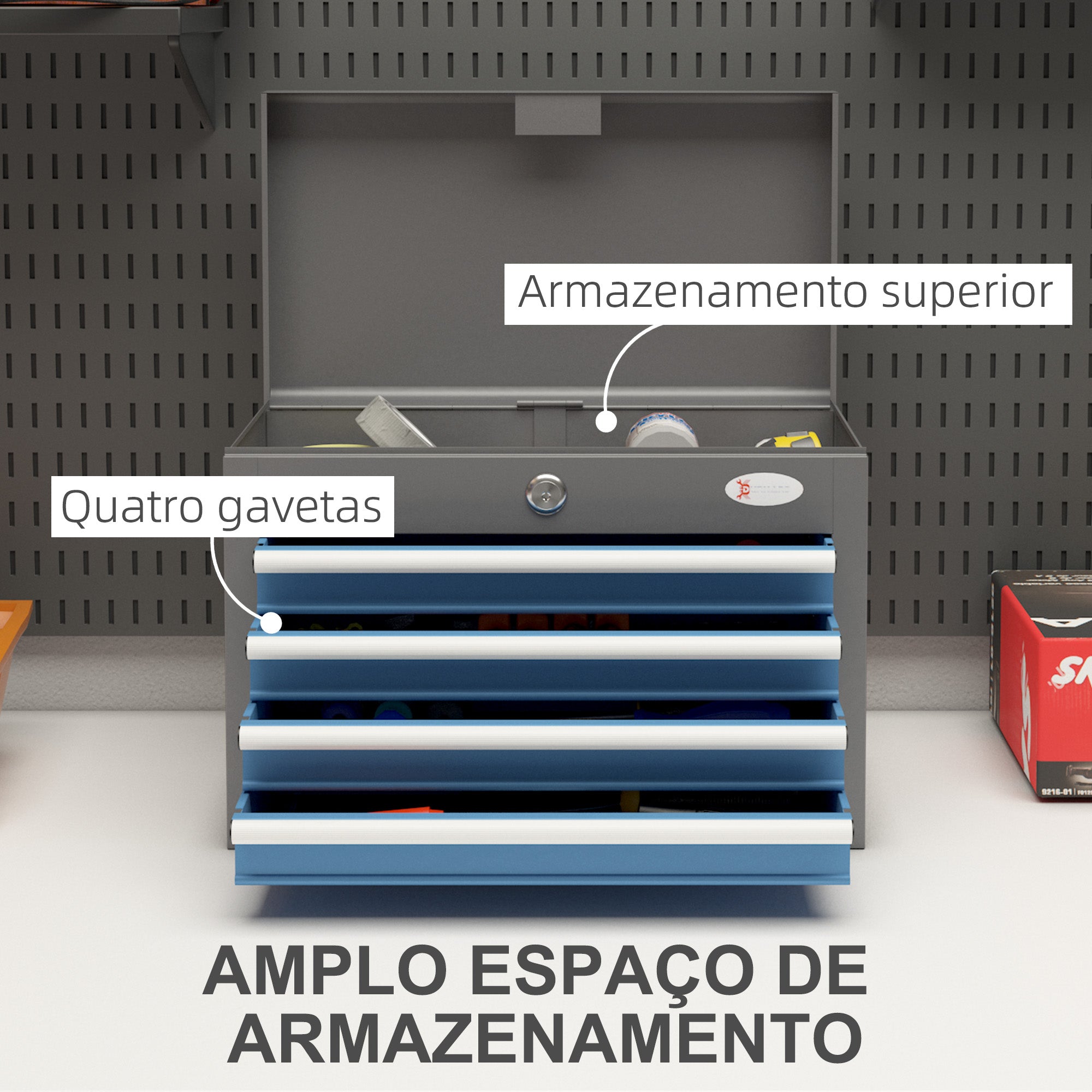 Caixa de Ferramentas Metálica com 4 Gavetas 45x24,5x32,5 cm - Azul e Prata