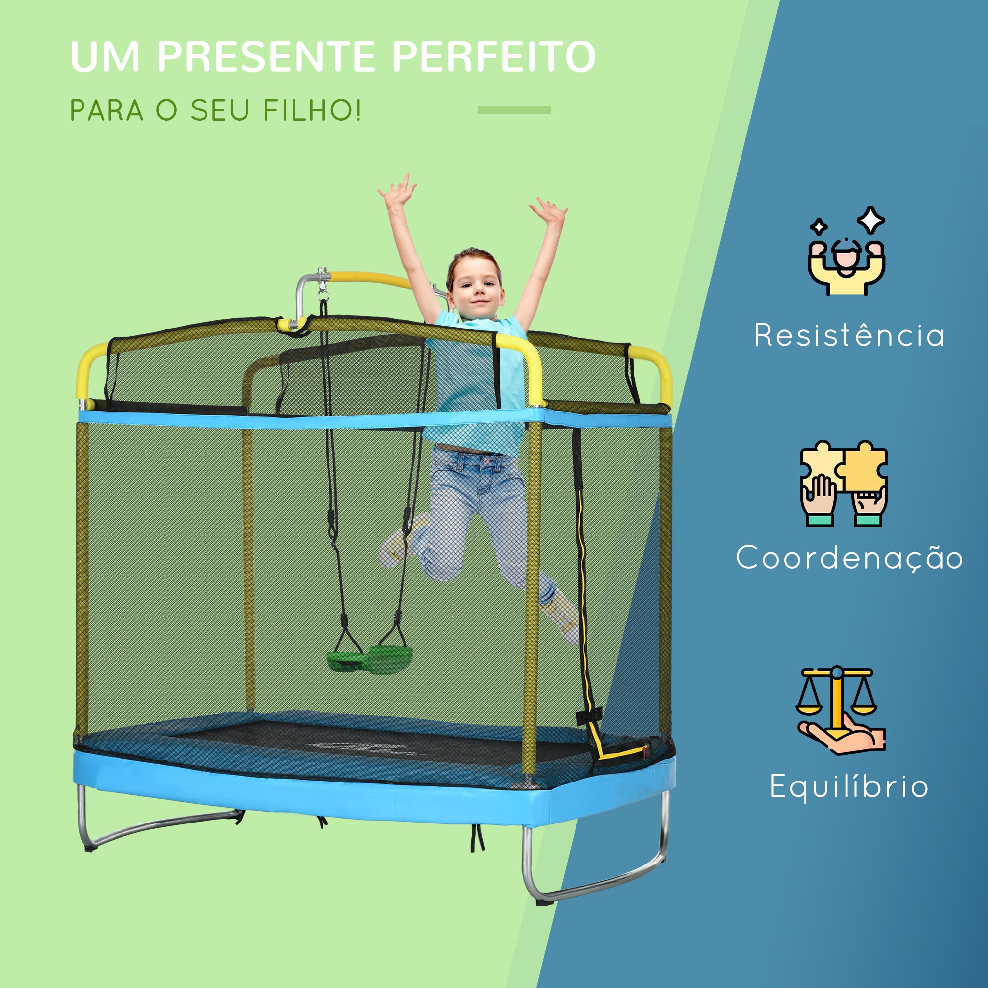 Trampolim para Crianças 3 em 1 Azul Claro 178x118x210 cm