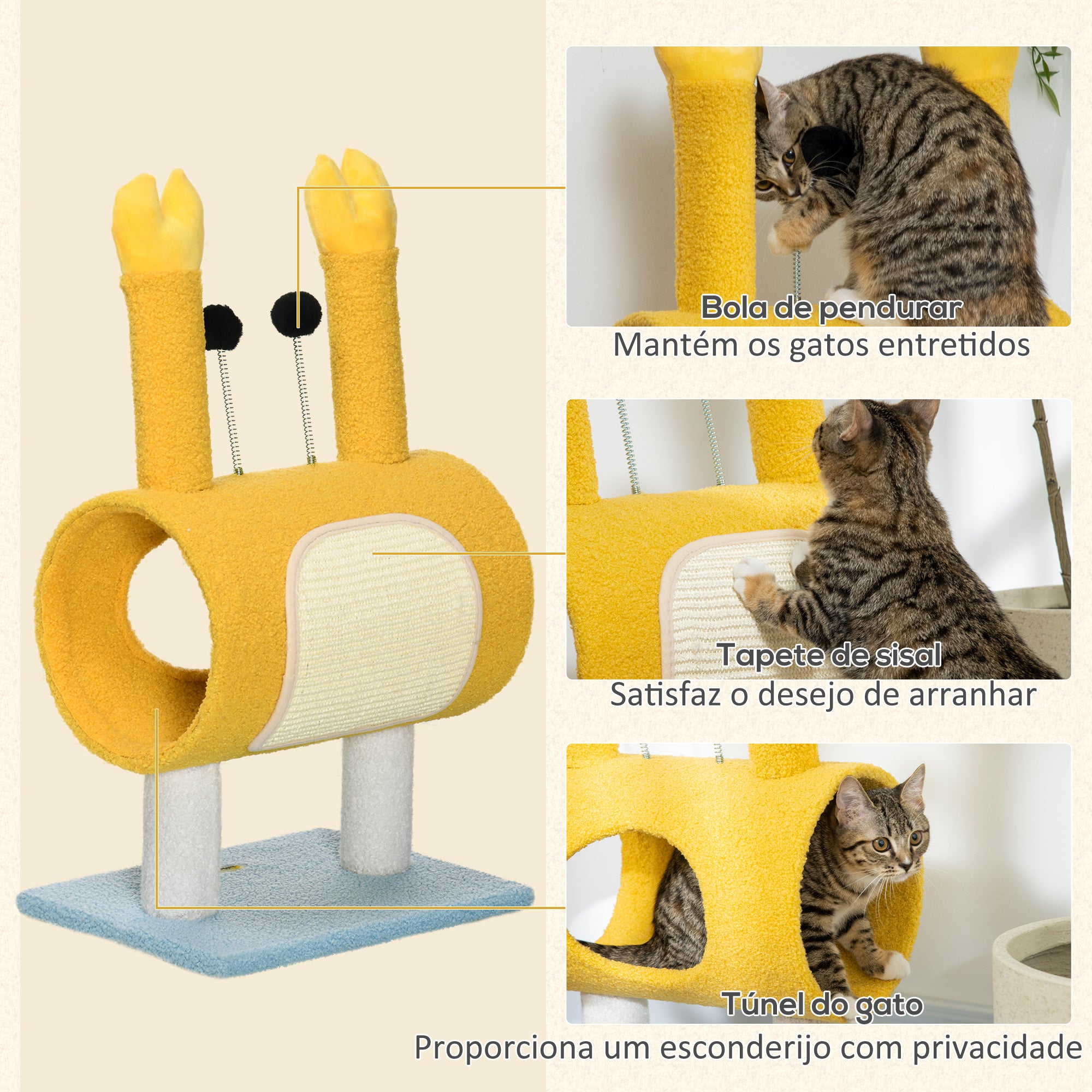 Arranhador para Gatos em Forma de Caranguejo Amarelo 40x29x72cm