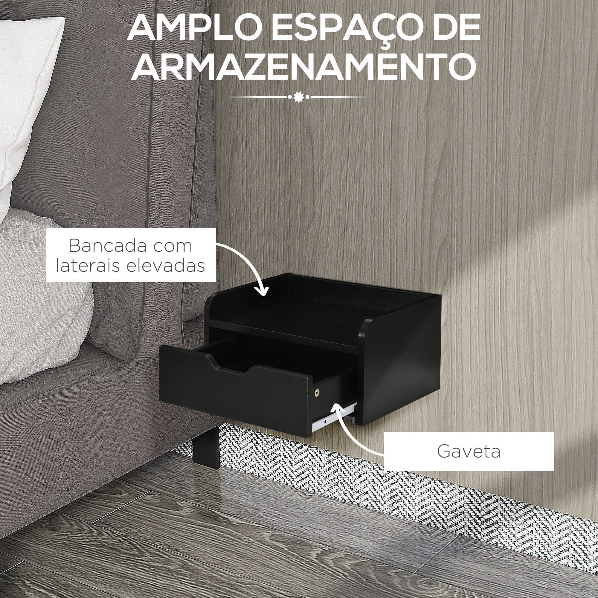 Mesas de Cabeceira Flutuantes 40x30x19,5 cm - Cor Preto