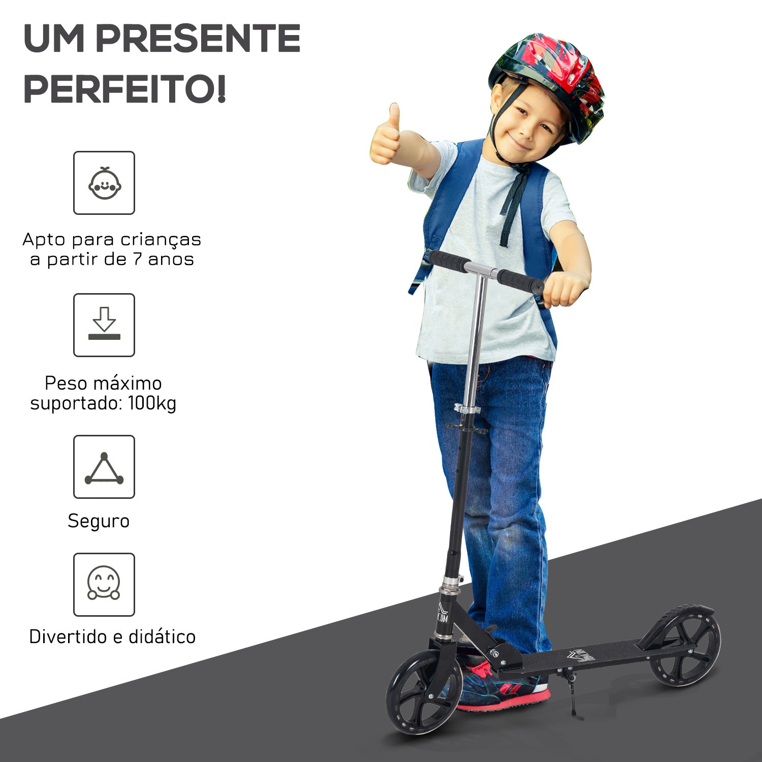 Trotinete Infantil Dobrável 88x37x75-100cm Preto