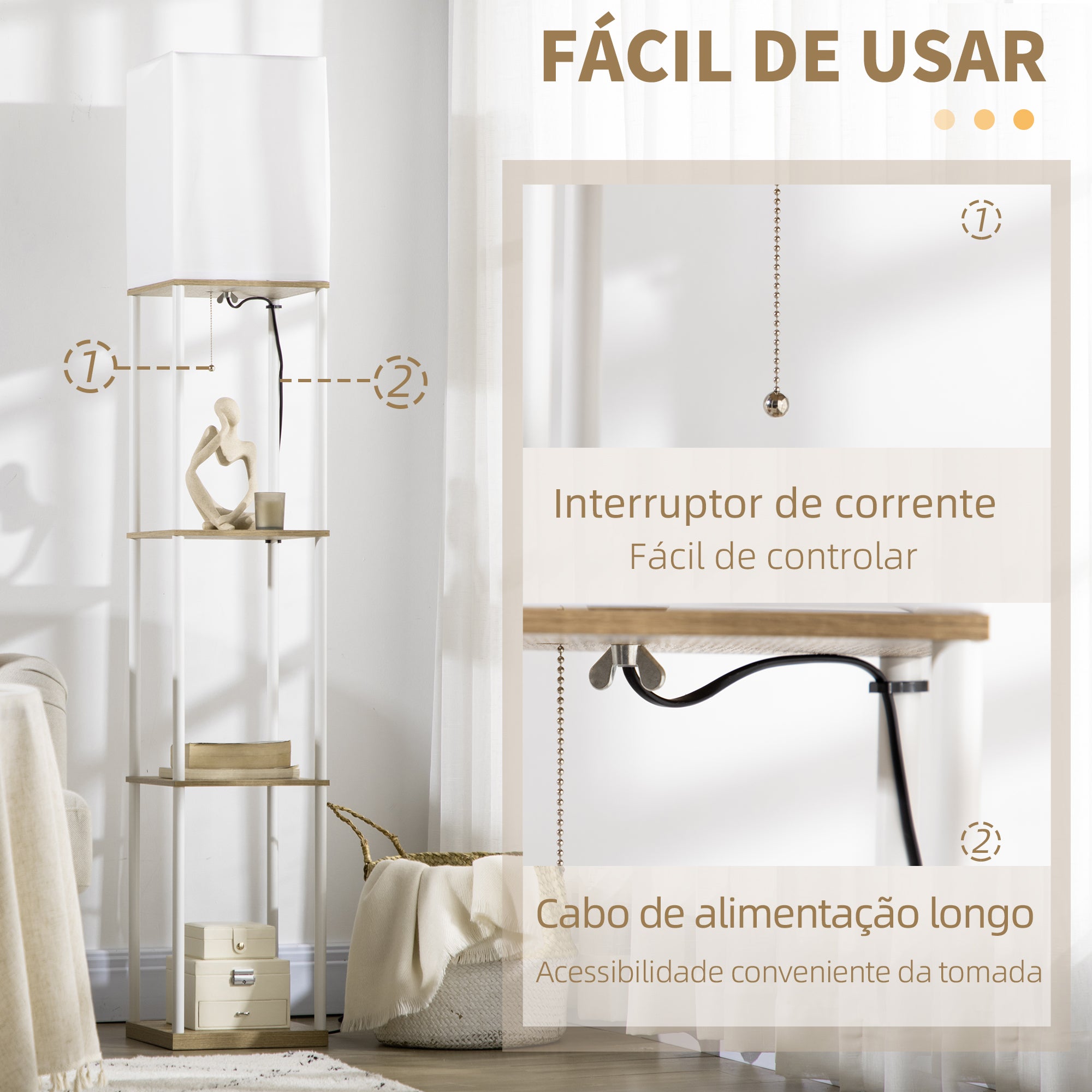 Candeeiro de Pé Moderno com Prateleiras – 26x26x159cm – Branco e Madeira – Metal e MDF