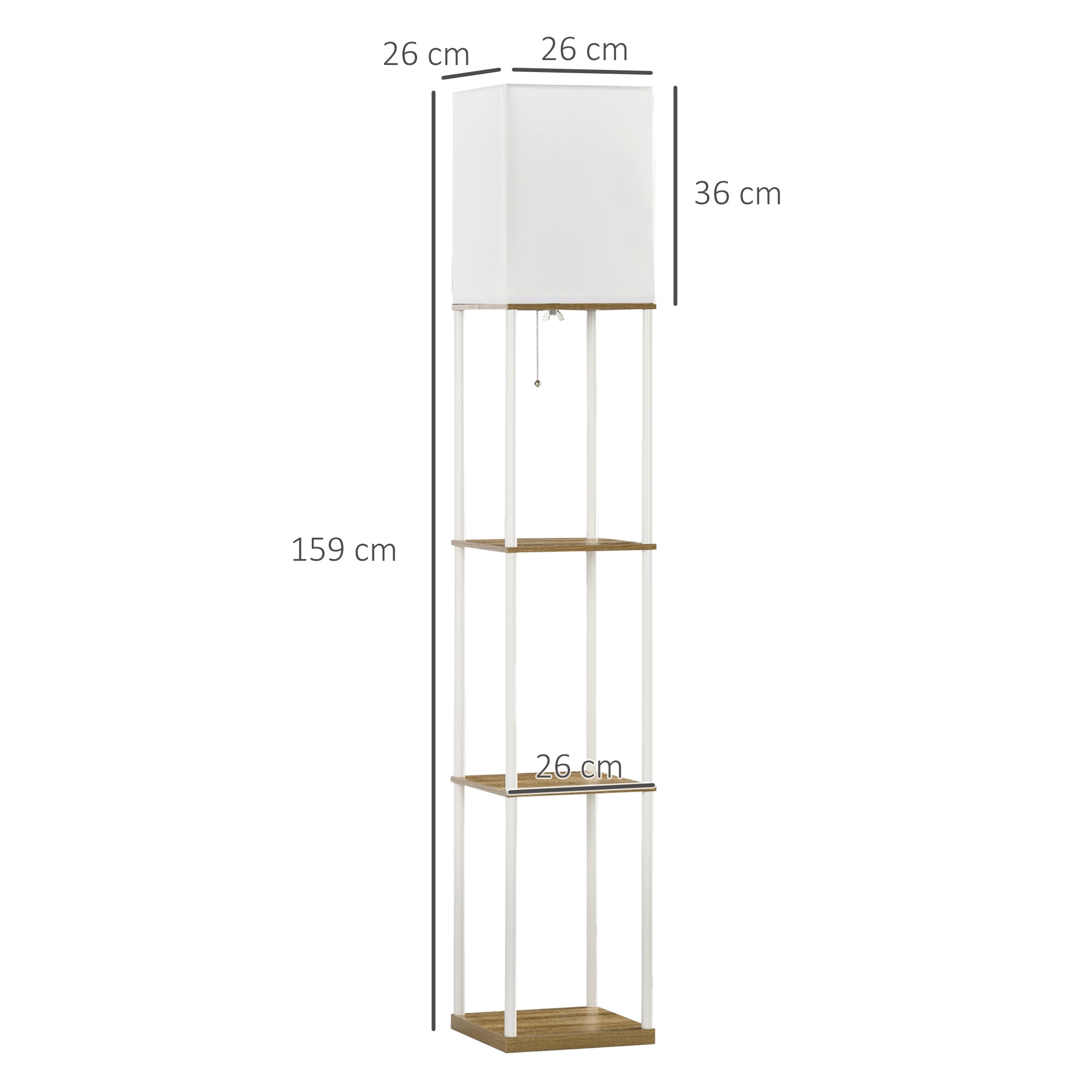 Candeeiro de Pé Moderno com Prateleiras – 26x26x159cm – Branco e Madeira – Metal e MDF