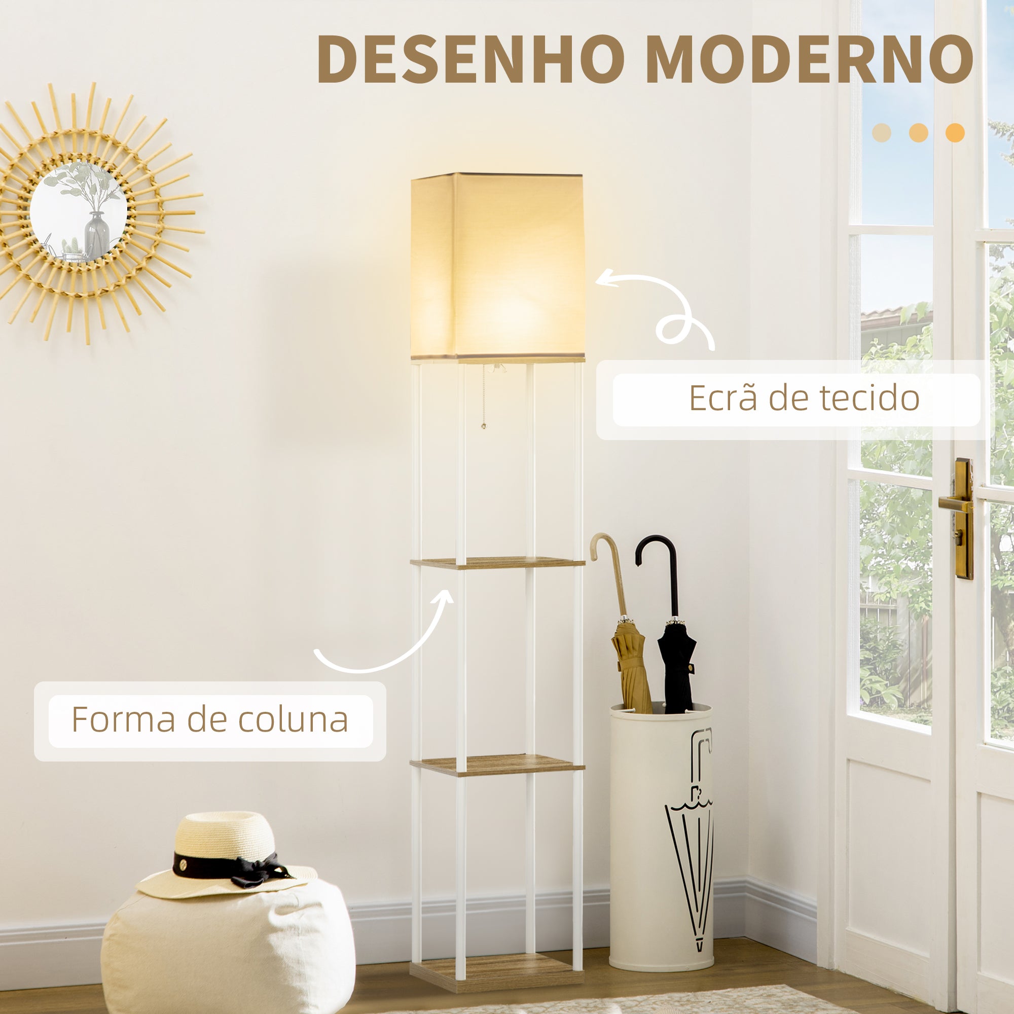 Candeeiro de Pé Moderno com Prateleiras – 26x26x159cm – Branco e Madeira – Metal e MDF