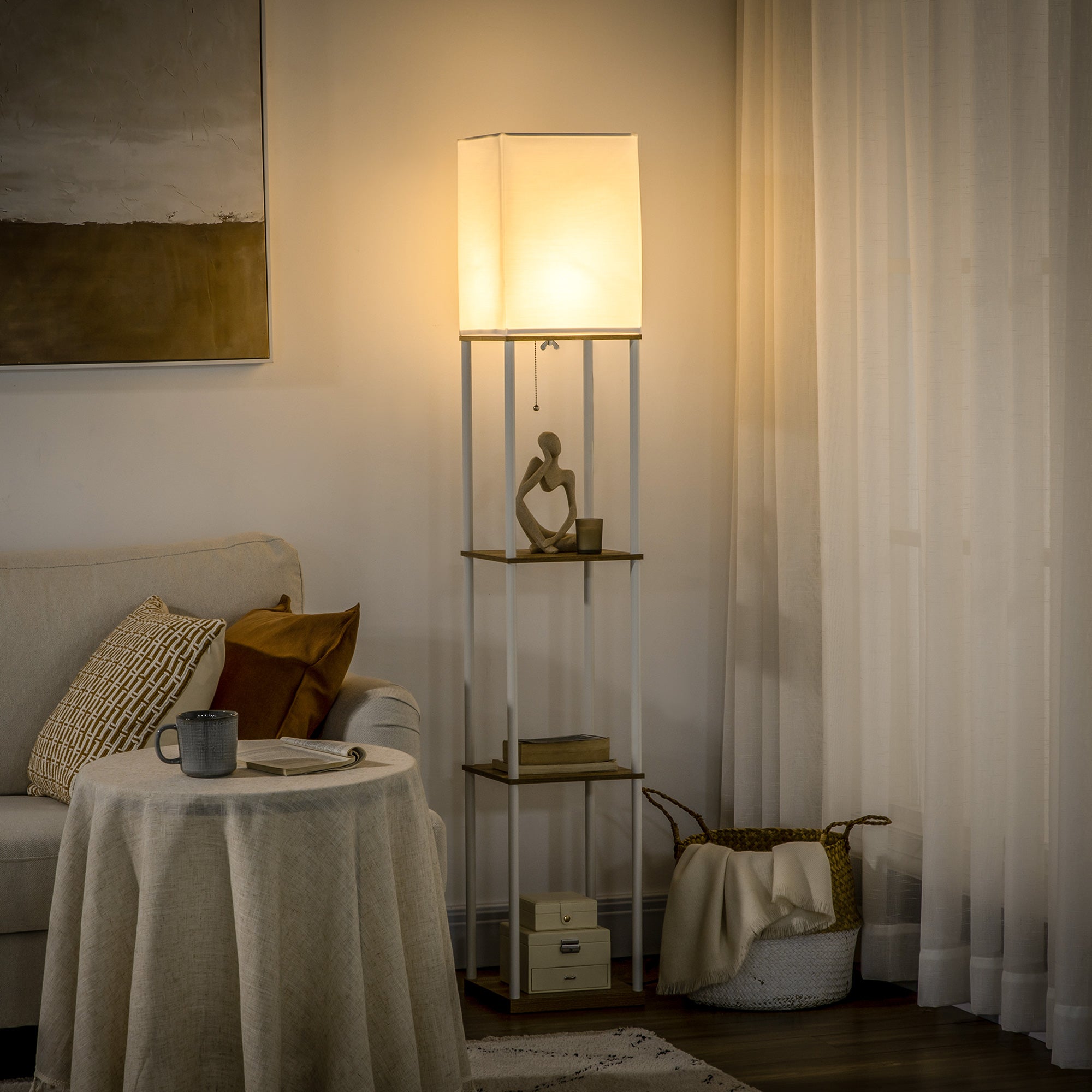 Candeeiro de Pé Moderno com Prateleiras – 26x26x159cm – Branco e Madeira – Metal e MDF