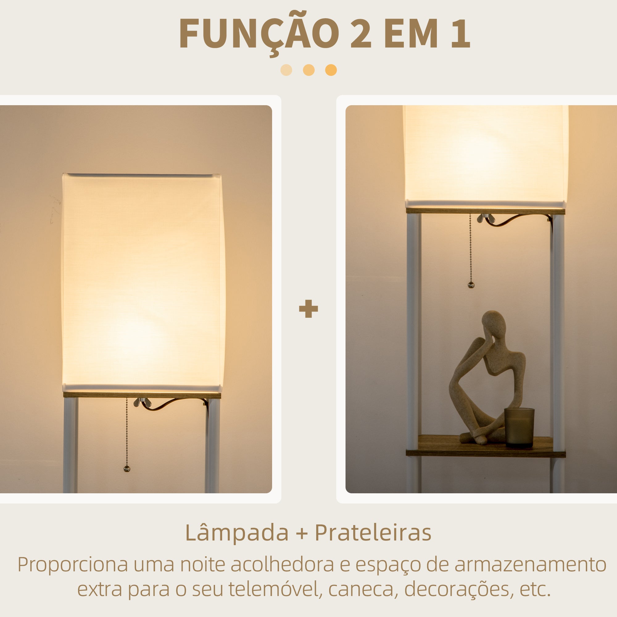 Candeeiro de Pé Moderno com Prateleiras – 26x26x159cm – Branco e Madeira – Metal e MDF