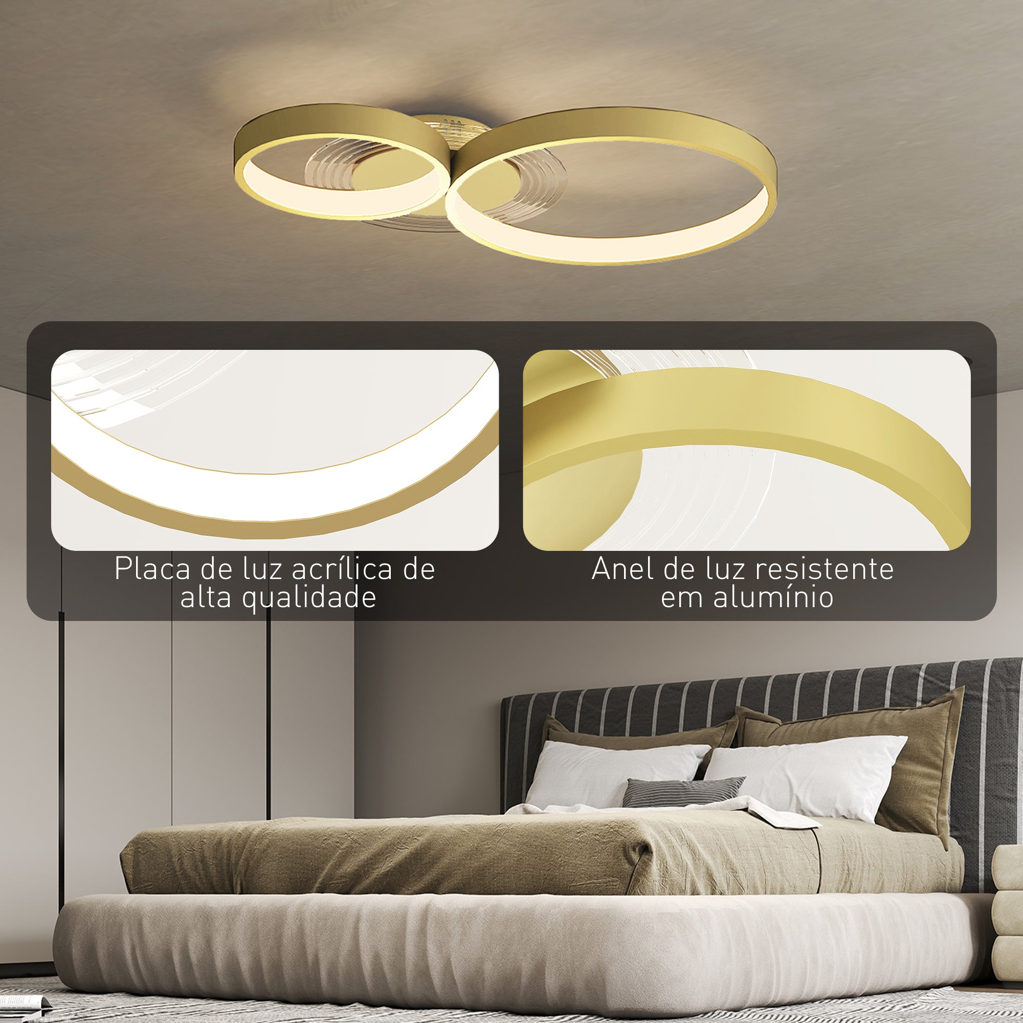 Candeeiro de Teto LED 40W Ouro 59x38x7,4 cm - Iluminação LED Regulável 3000K/4000K/6500K