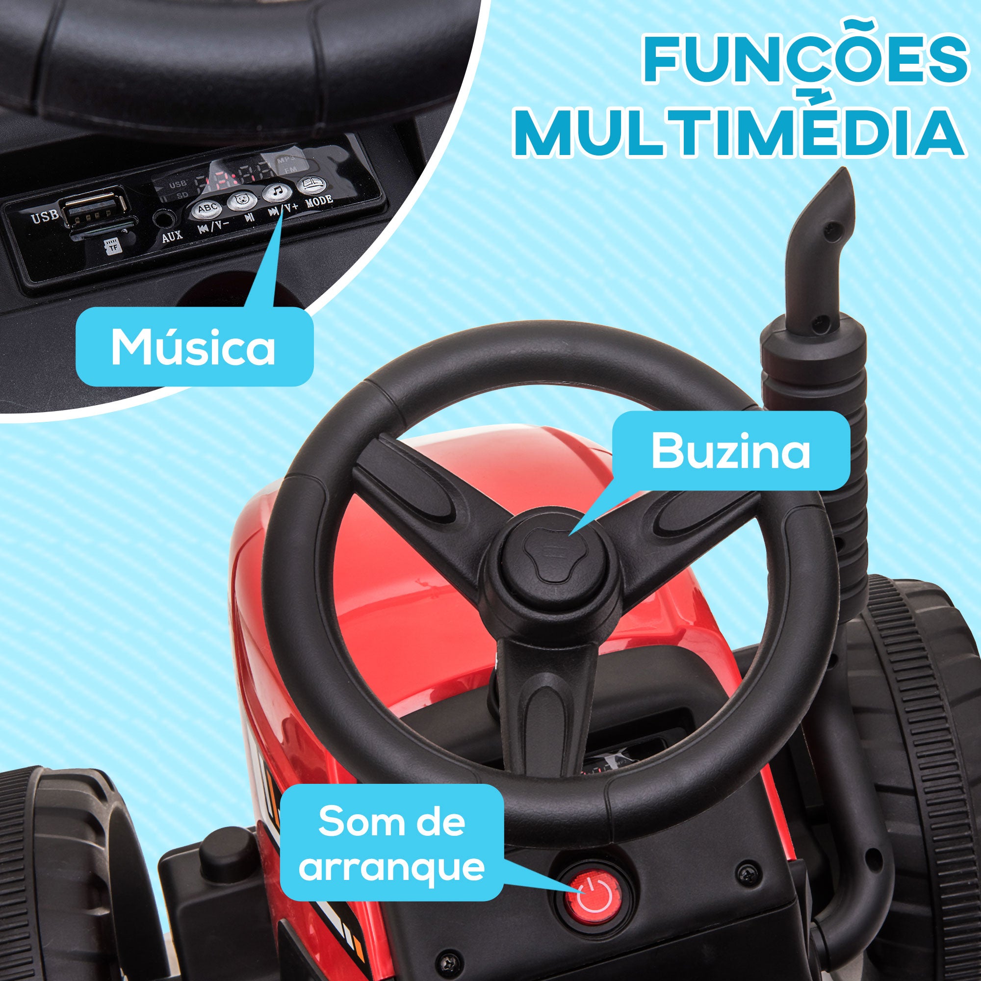 Trator Elétrico Vermelho 136,5x50x52,5 cm para Crianças 3-6 Anos com Controlo Remoto e Música MP3