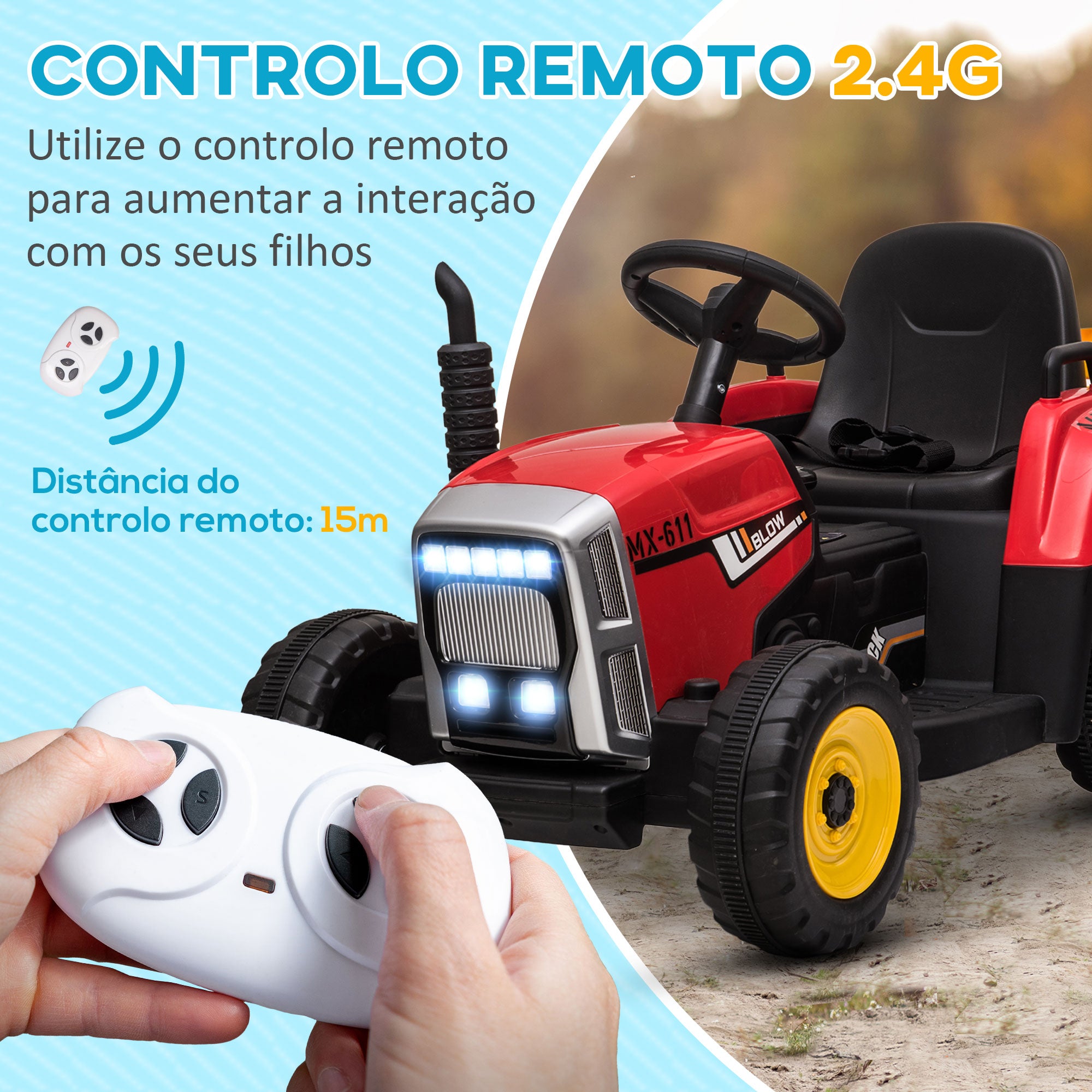 Trator Elétrico Vermelho 136,5x50x52,5 cm para Crianças 3-6 Anos com Controlo Remoto e Música MP3