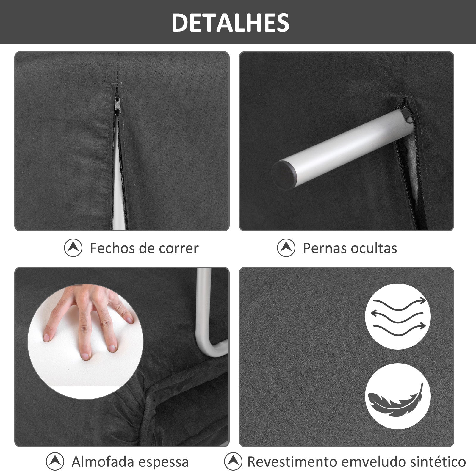 Sofá Cama de 2 Lugares Cinzento 111x80x78 cm - Encosto Ajustável em 5 Níveis