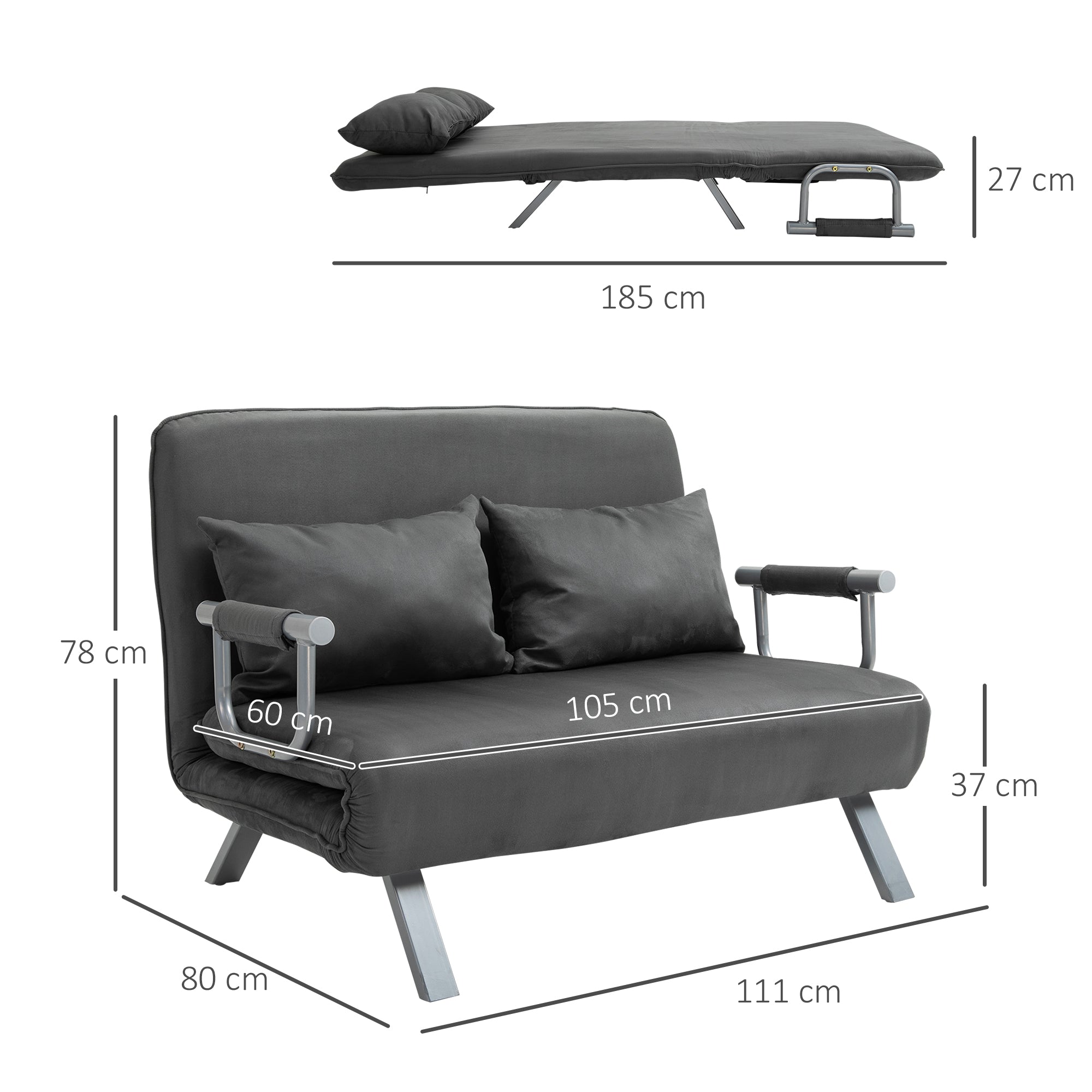 Sofá Cama de 2 Lugares Cinzento 111x80x78 cm - Encosto Ajustável em 5 Níveis