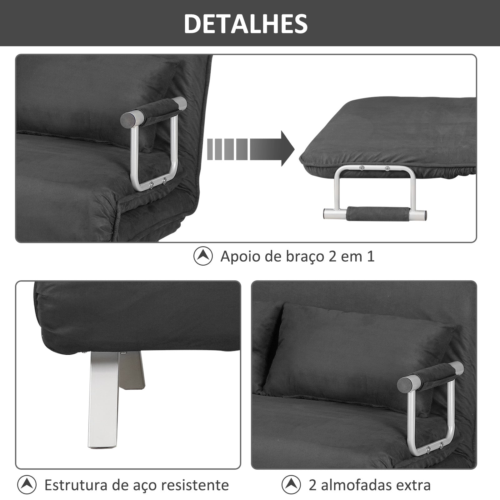 Sofá Cama de 2 Lugares Cinzento 111x80x78 cm - Encosto Ajustável em 5 Níveis