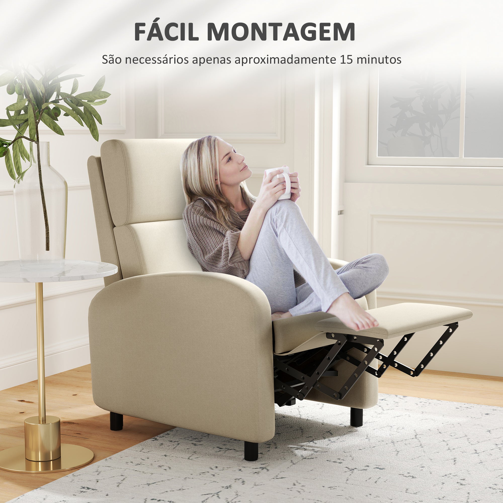 Poltrona Relax Reclinável 160° Bege 64x86x102 cm