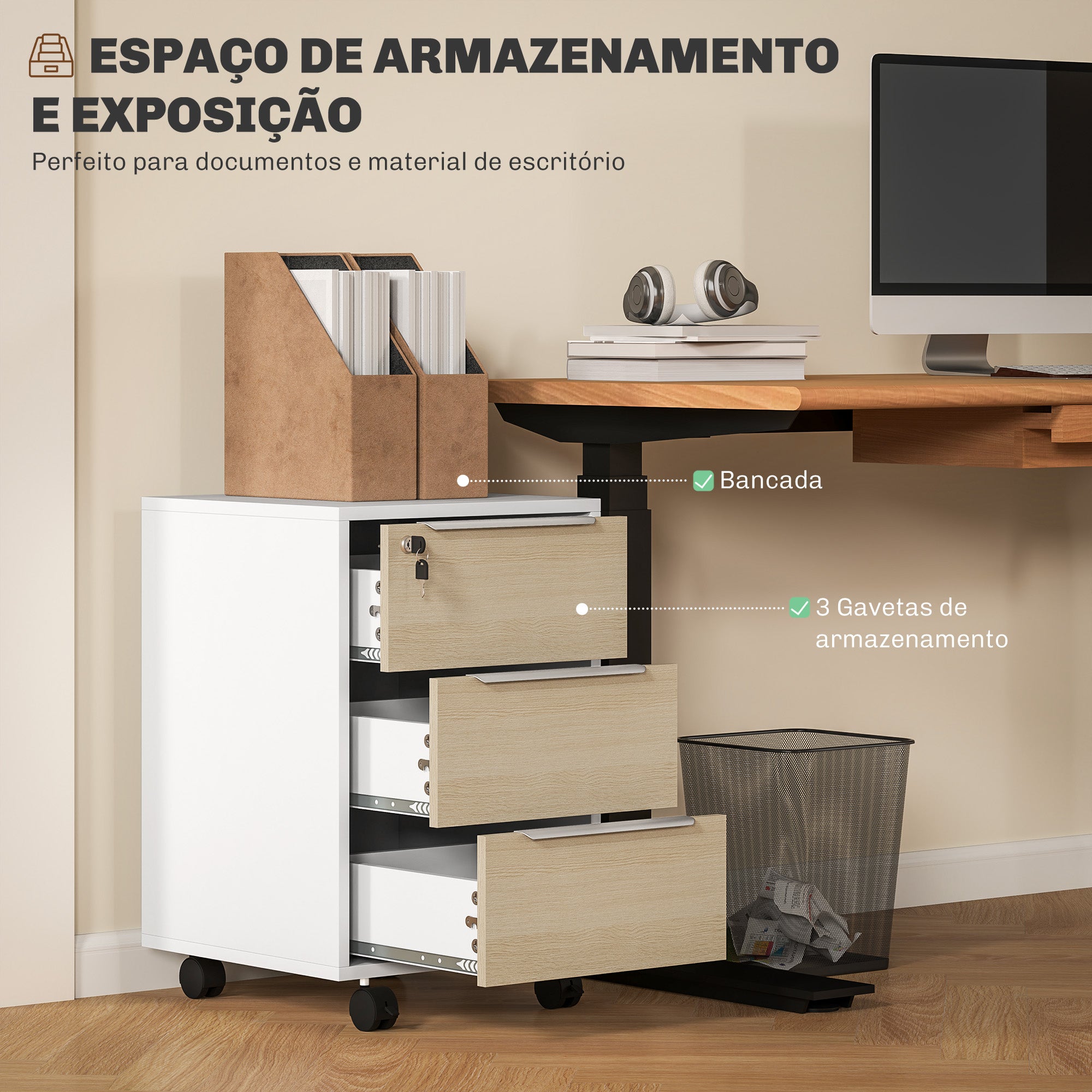 Bloco de Gavetas Móvel de Escritório – 40x40x63,5 cm – Madeira e Branco – Melamina e MDF